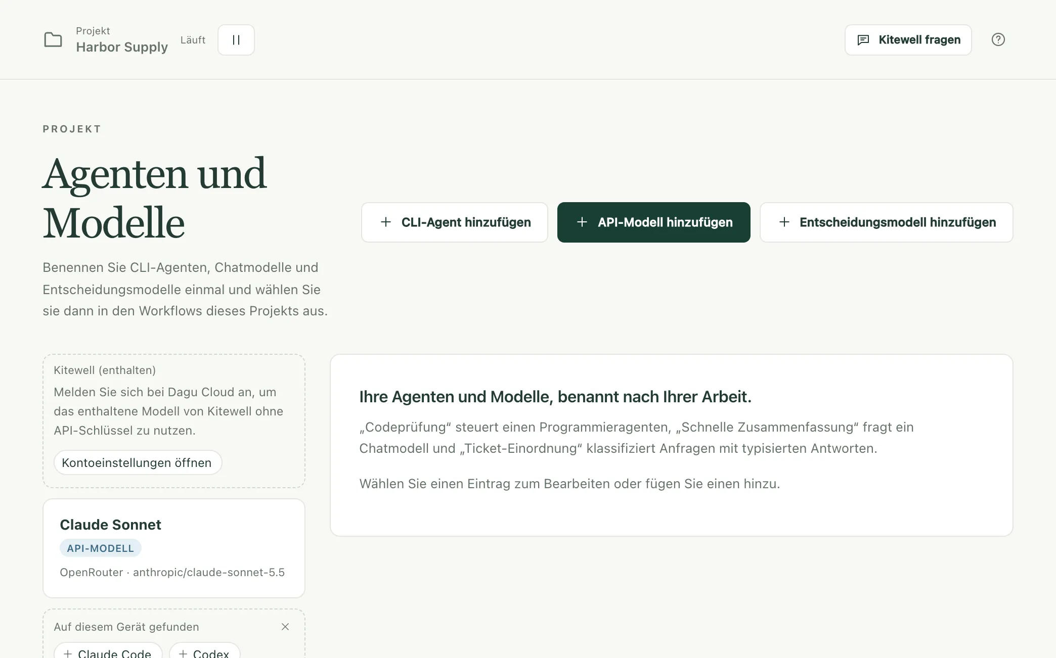 Die Seite „Agenten und Modelle“ des Projekts Harbor Supply mit einem API-Modell und einem auf diesem Gerät gefundenen Coding-Agenten