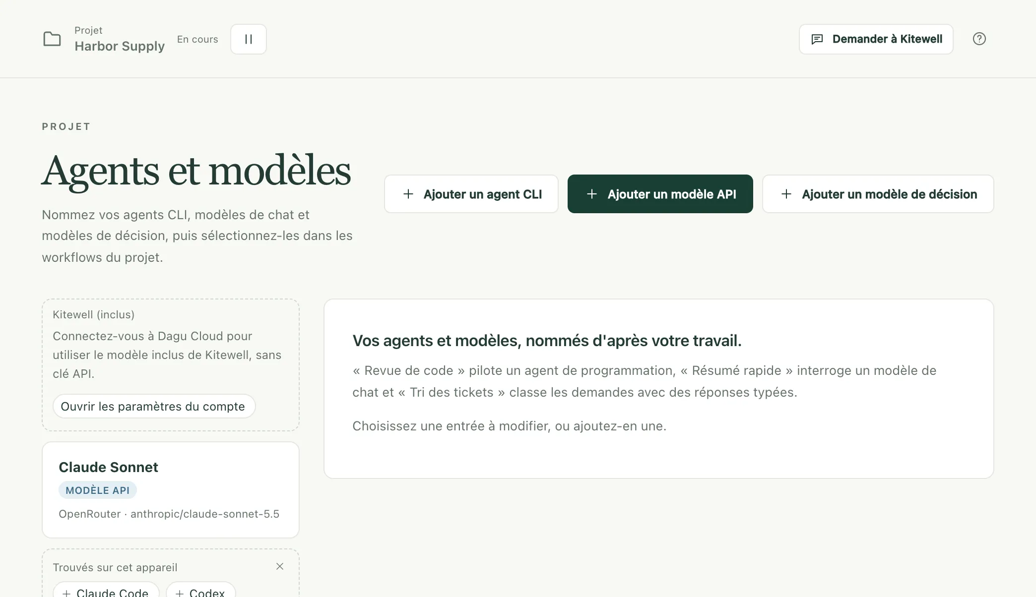 La page Agents et modèles du projet Harbor Supply, avec un modèle API et un agent de codage trouvé sur cet appareil