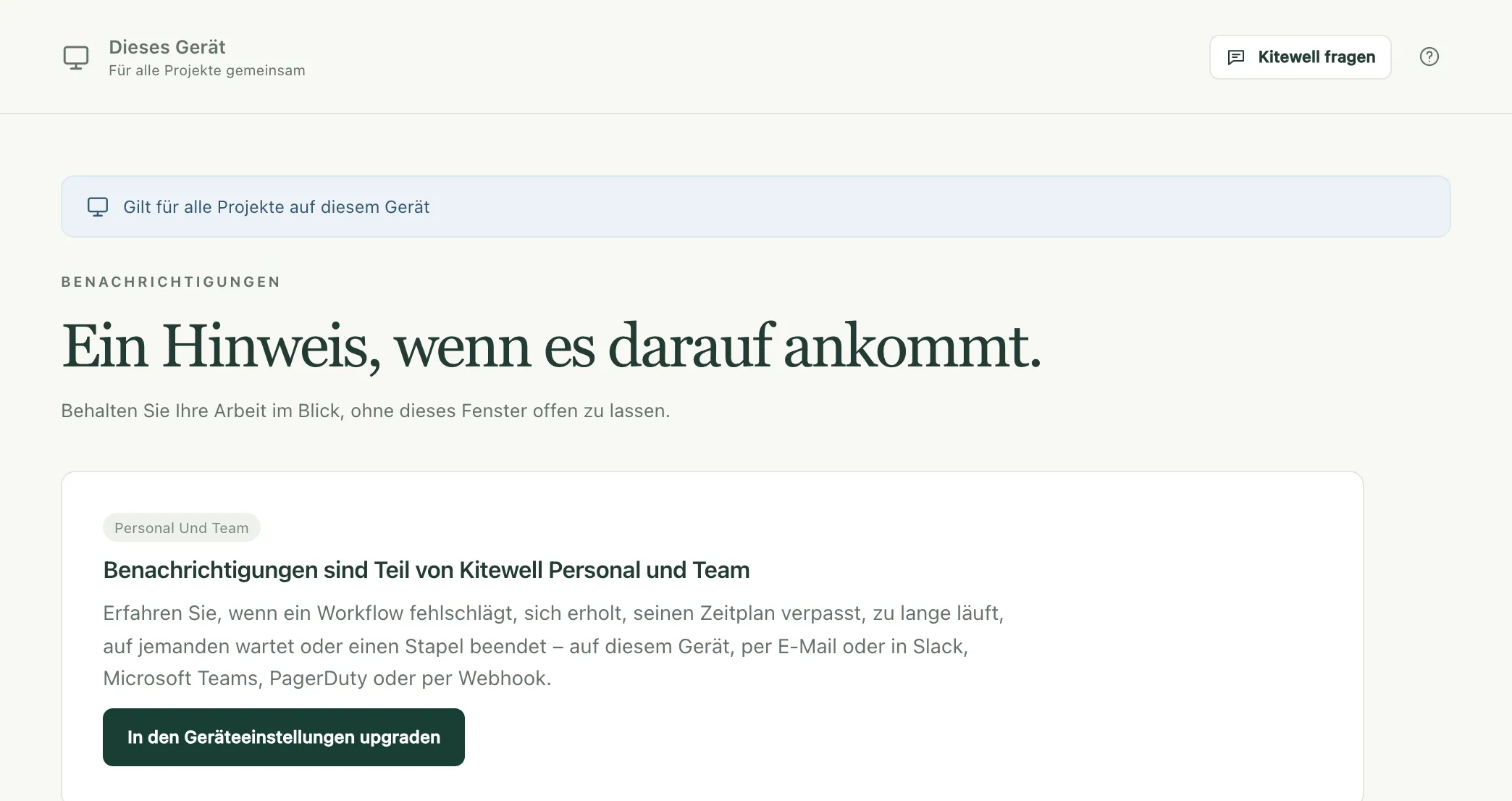 Die Seite „Benachrichtigungen“ auf einem Gerät ohne den Tarif, mit dem Angebot zum Upgrade