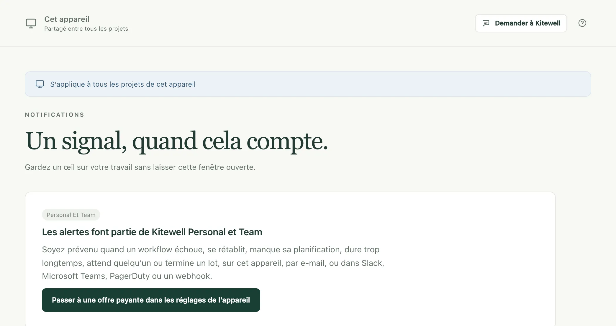 La page Notifications sur un appareil sans l’offre, qui propose de passer à une offre supérieure