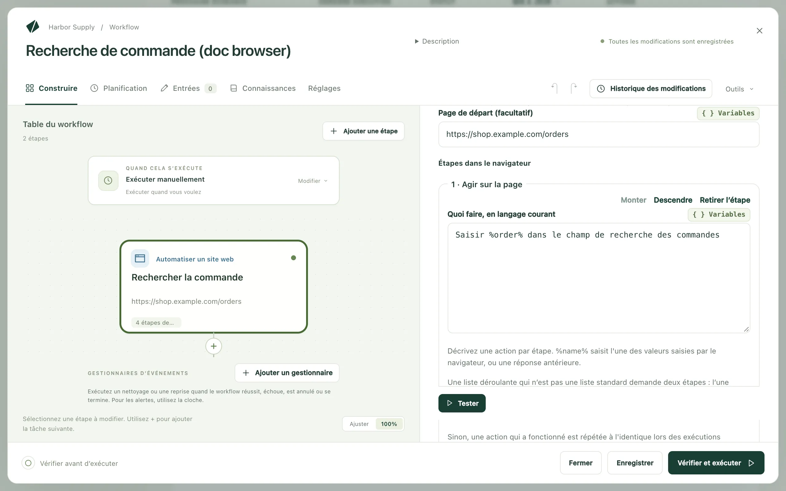 Une étape de site web dans l’éditeur de workflow, avec sa première instruction remplie