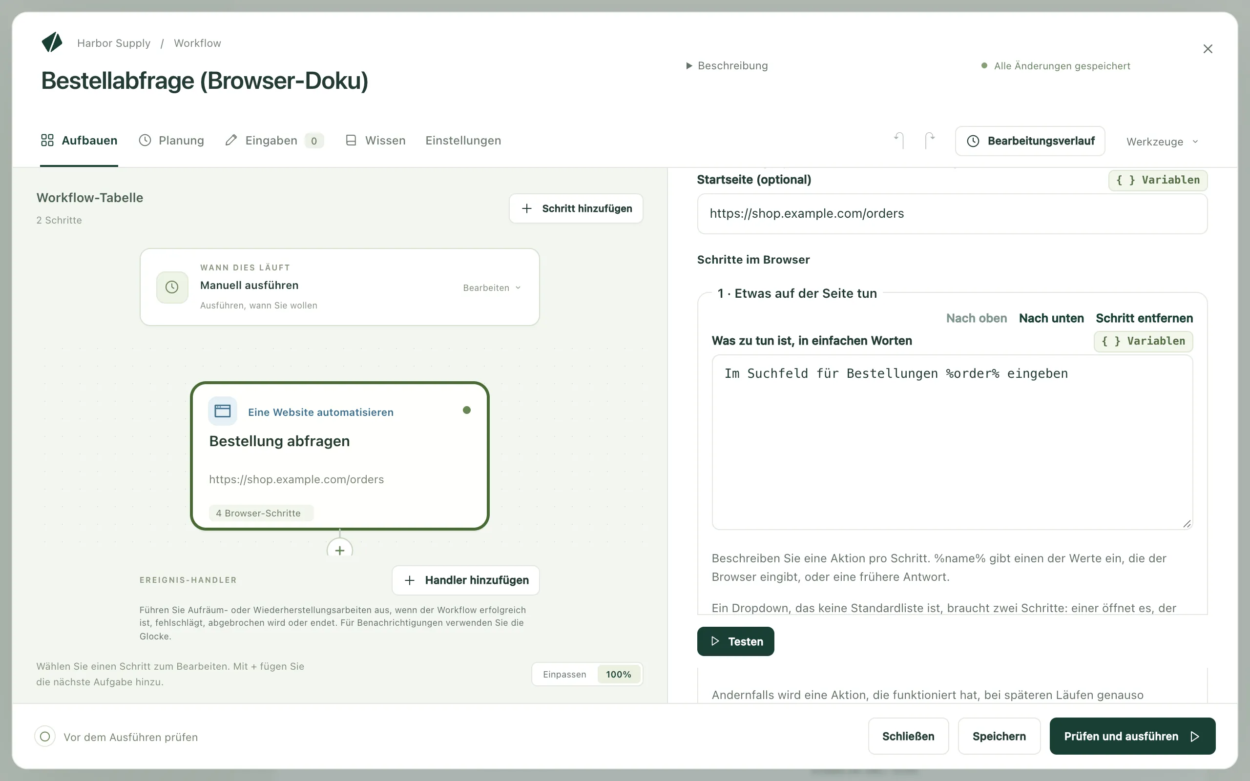 Ein Website-Schritt im Workflow-Editor mit ausgefüllter erster Anweisung