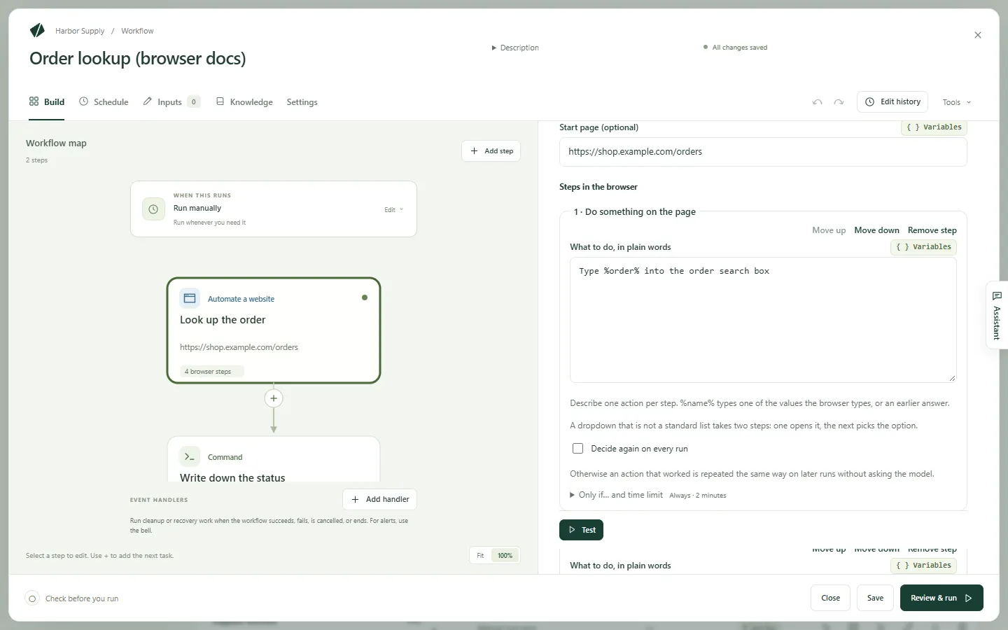 A website step in the workflow editor, with its first instruction filled in
