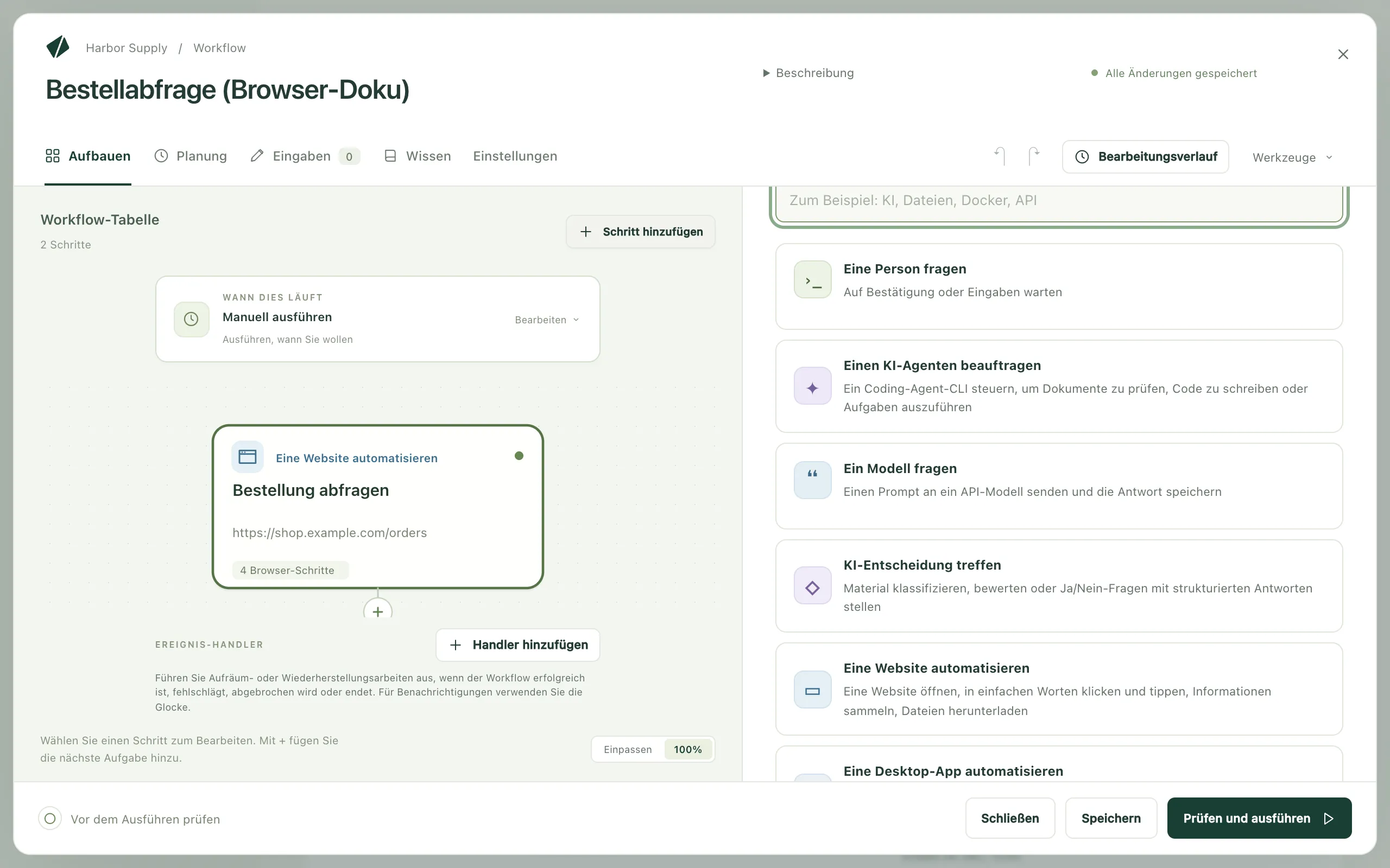 Die Aufgabenauswahl im Workflow-Editor, darunter die Aufgabe „Eine Website automatisieren“