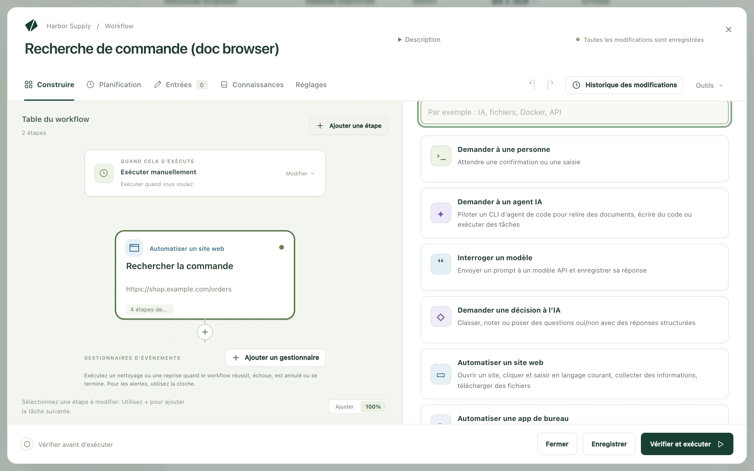 Le sélecteur de tâches de l’éditeur de workflow, avec Automatiser un site web parmi les tâches