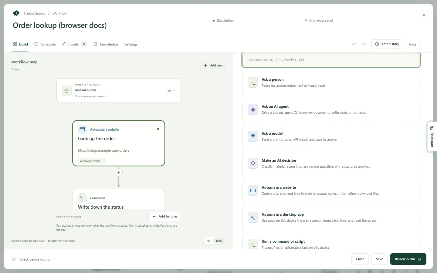The task picker in the workflow editor, with Automate a website among the tasks