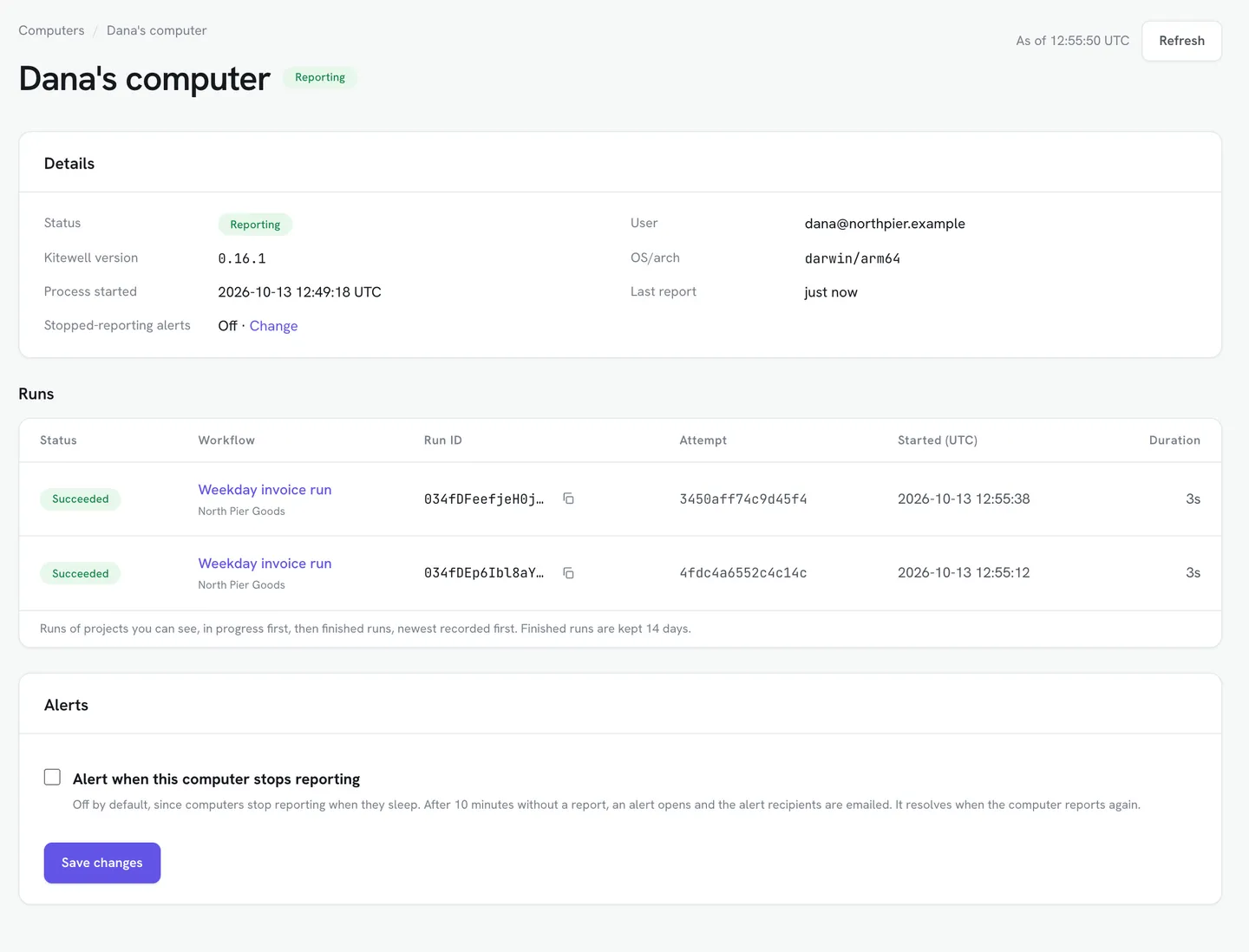 A computer’s page in Dagu Console, with its details, its recent runs, and the Alert when this computer stops reporting option