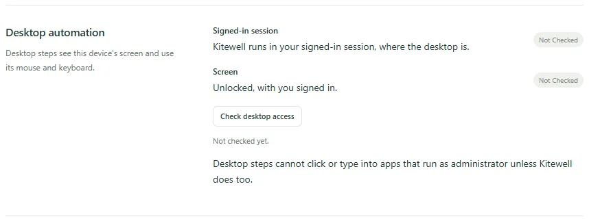 Desktop automation in Device settings on Windows, before the first check