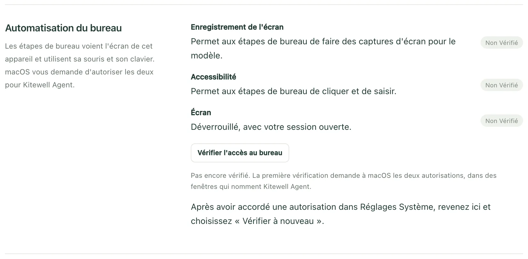 Automatisation du bureau dans les réglages de l’appareil sous Windows, avant la première vérification