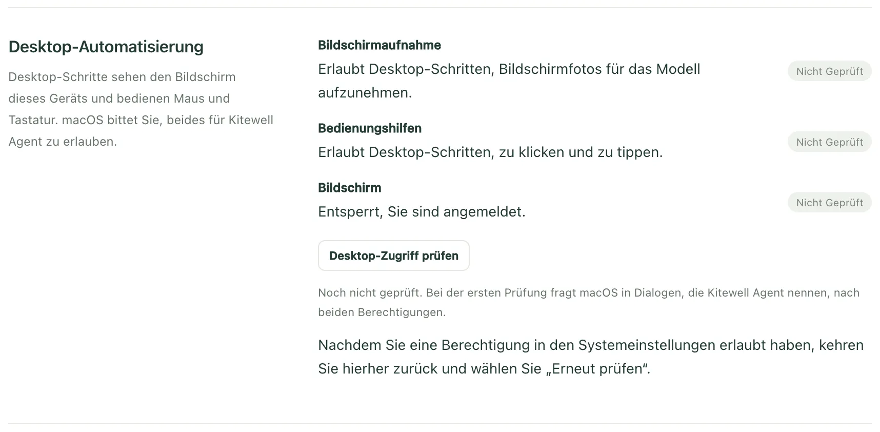 Desktop-Automatisierung in den Geräteeinstellungen unter Windows, vor der ersten Prüfung