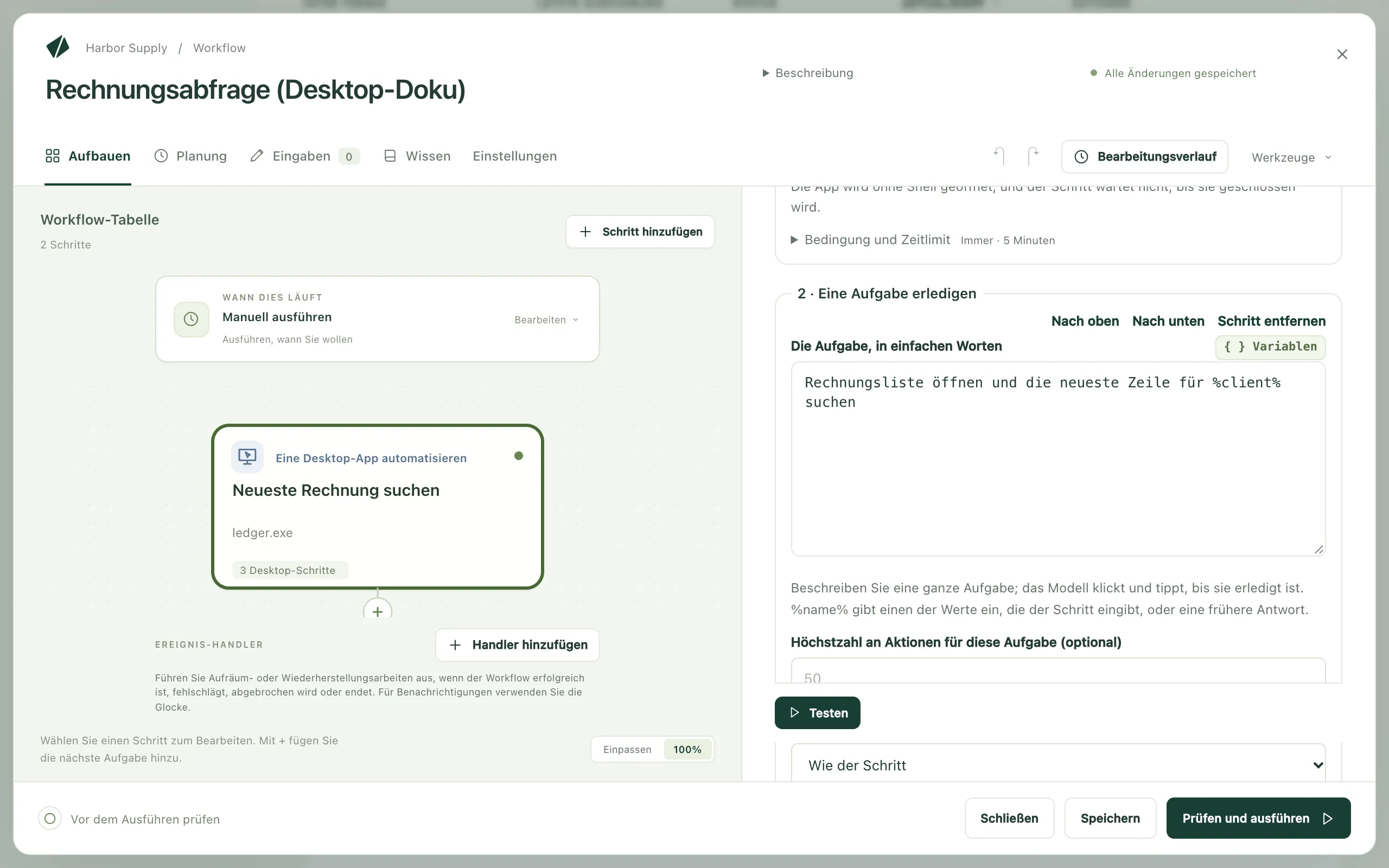 Ein Desktop-Schritt im Workflow-Editor, seine Aufgabe in einfachen Worten beschrieben