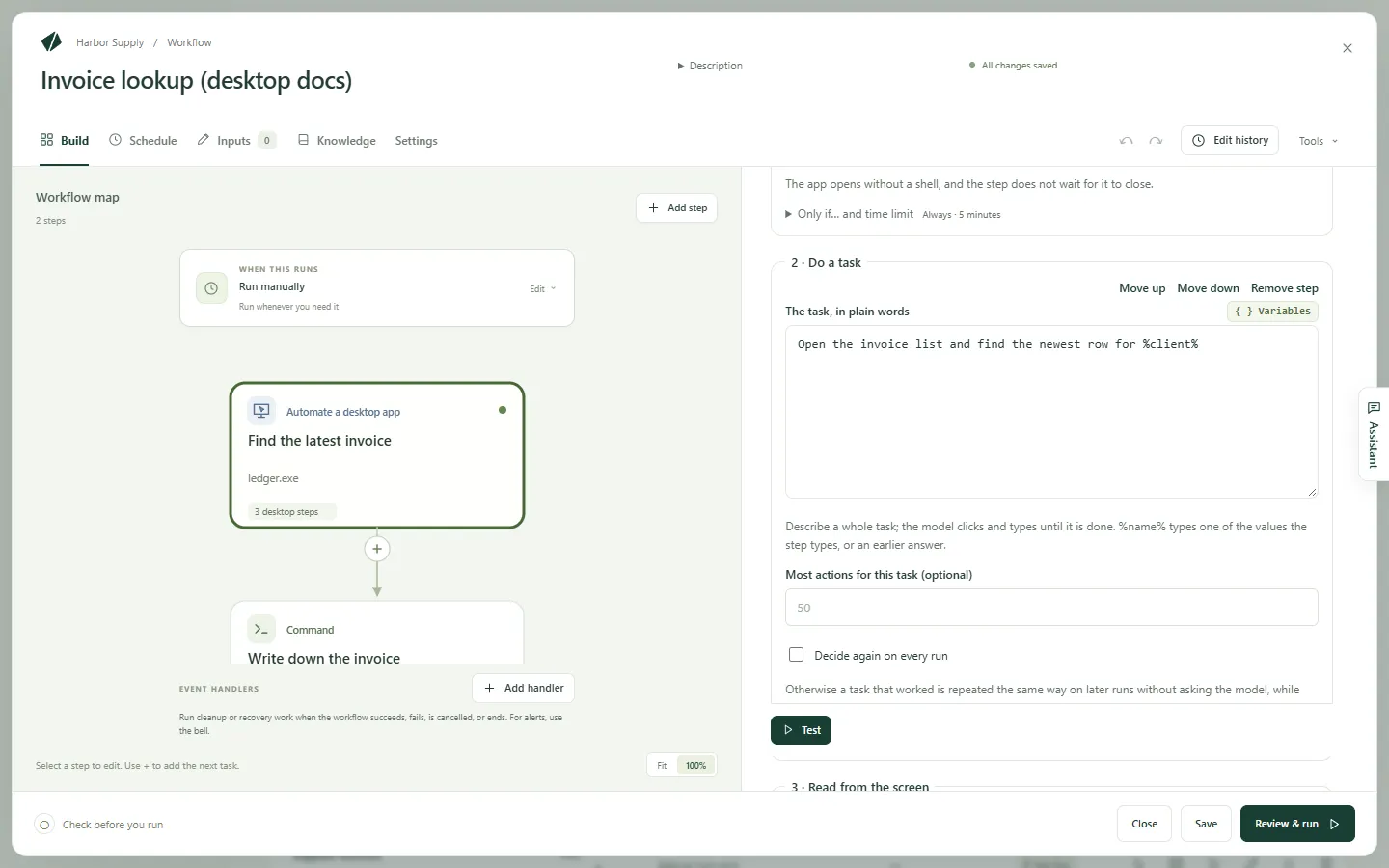 A desktop step in the workflow editor, with its task written in plain words