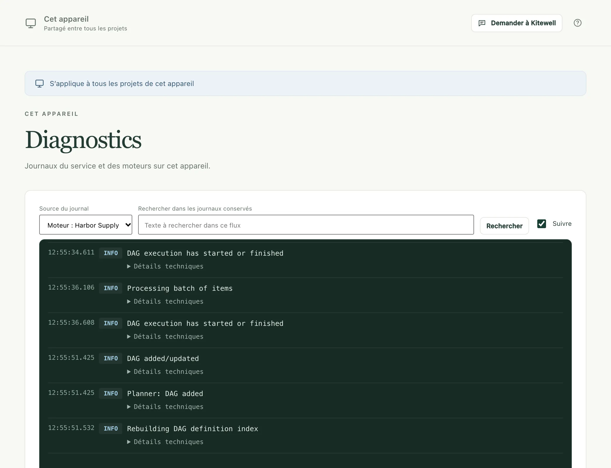 La page Diagnostics, qui affiche le journal du moteur d’un projet