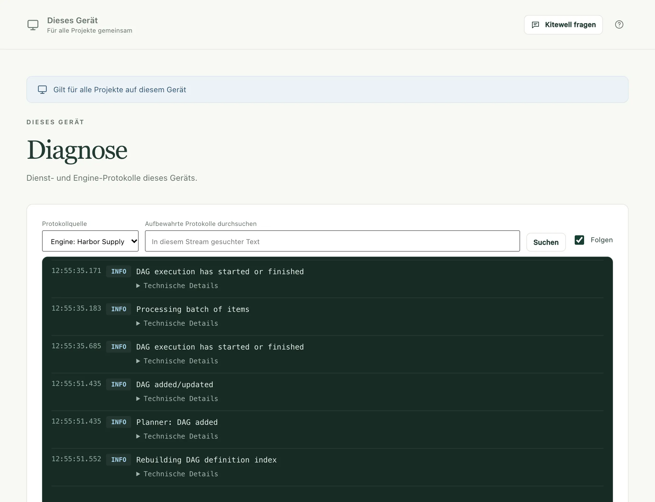 Die Seite Diagnose mit dem Log der Engine eines Projekts