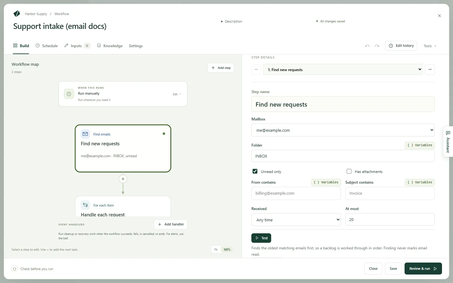 A Find emails step in the workflow editor, with its mailbox and filters
