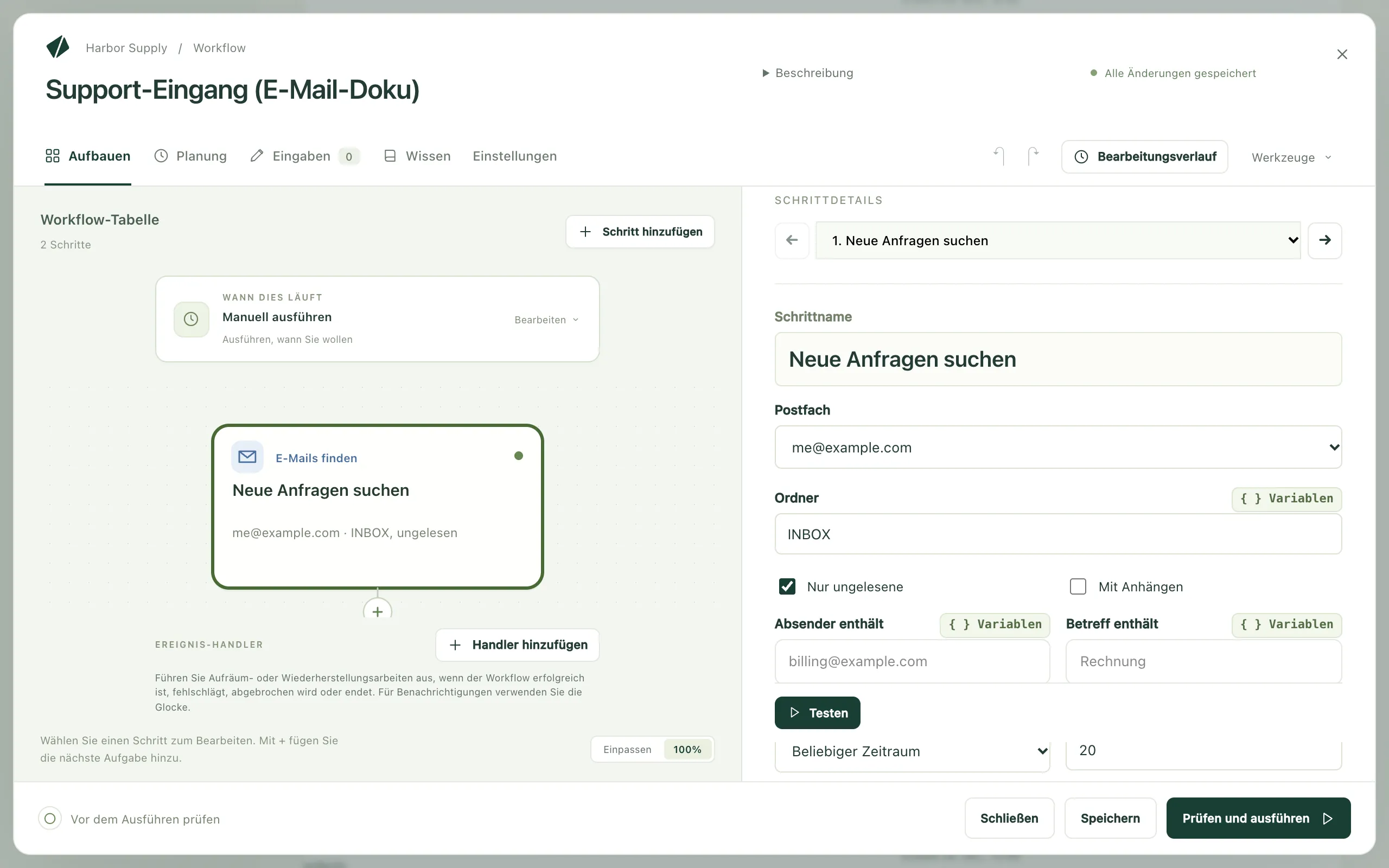 Ein Schritt „E-Mails finden“ im Workflow-Editor mit seinem Postfach und seinen Filtern