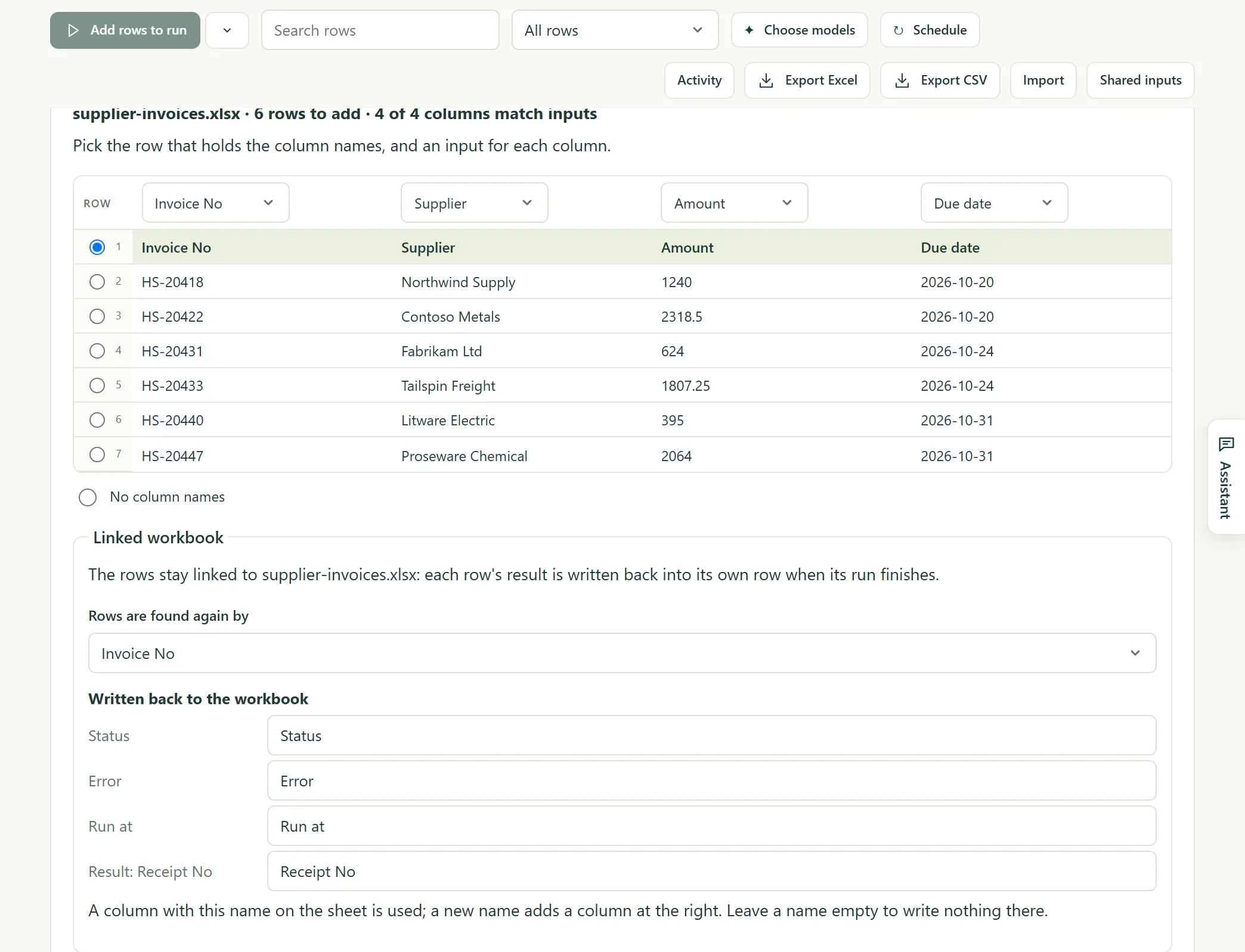 The Import rows panel after choosing a workbook: the sheet, the column mapping, the key column, and the columns written back