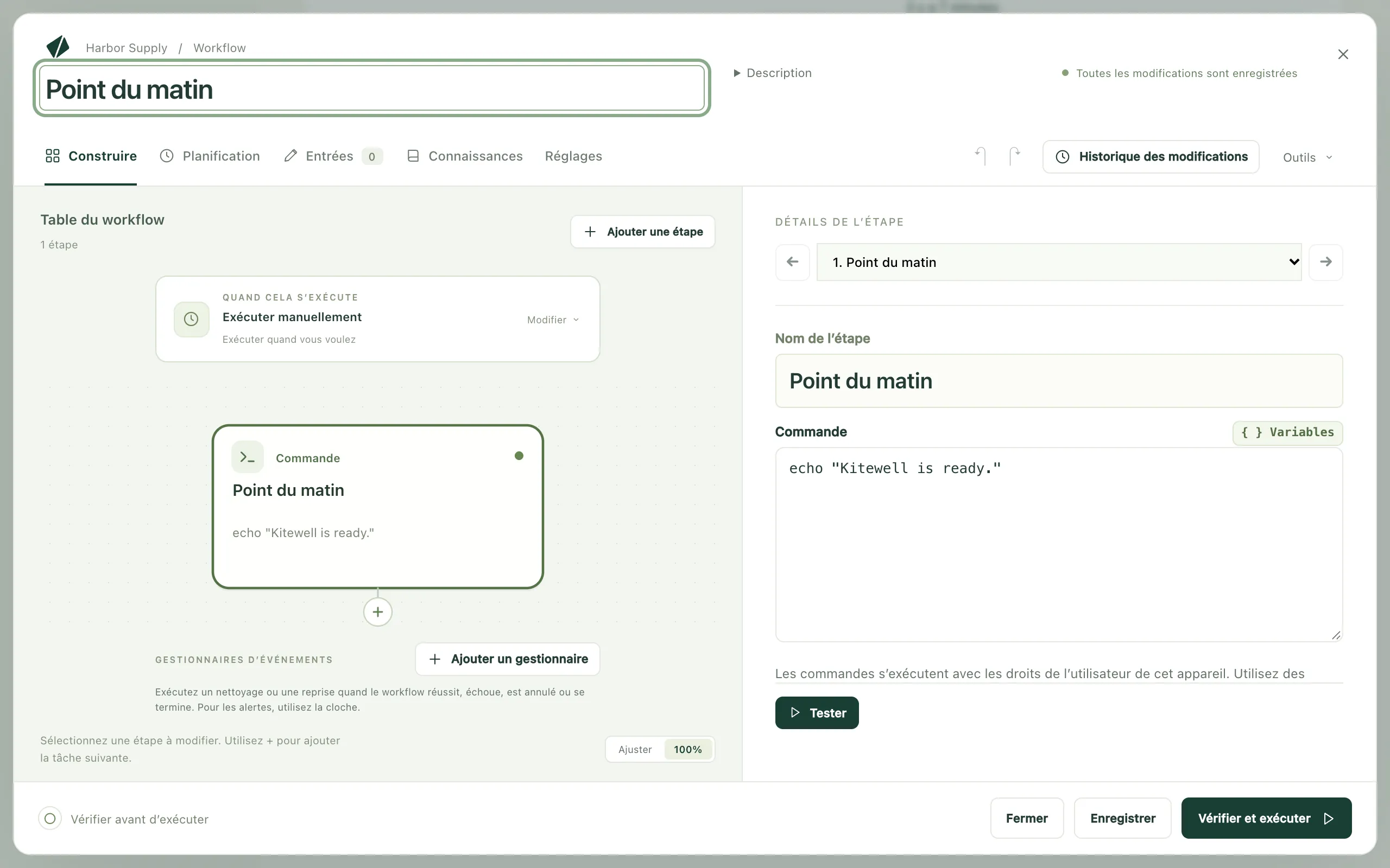 L’éditeur de workflow, avec l’étape de Point du matin sélectionnée et sa commande saisie