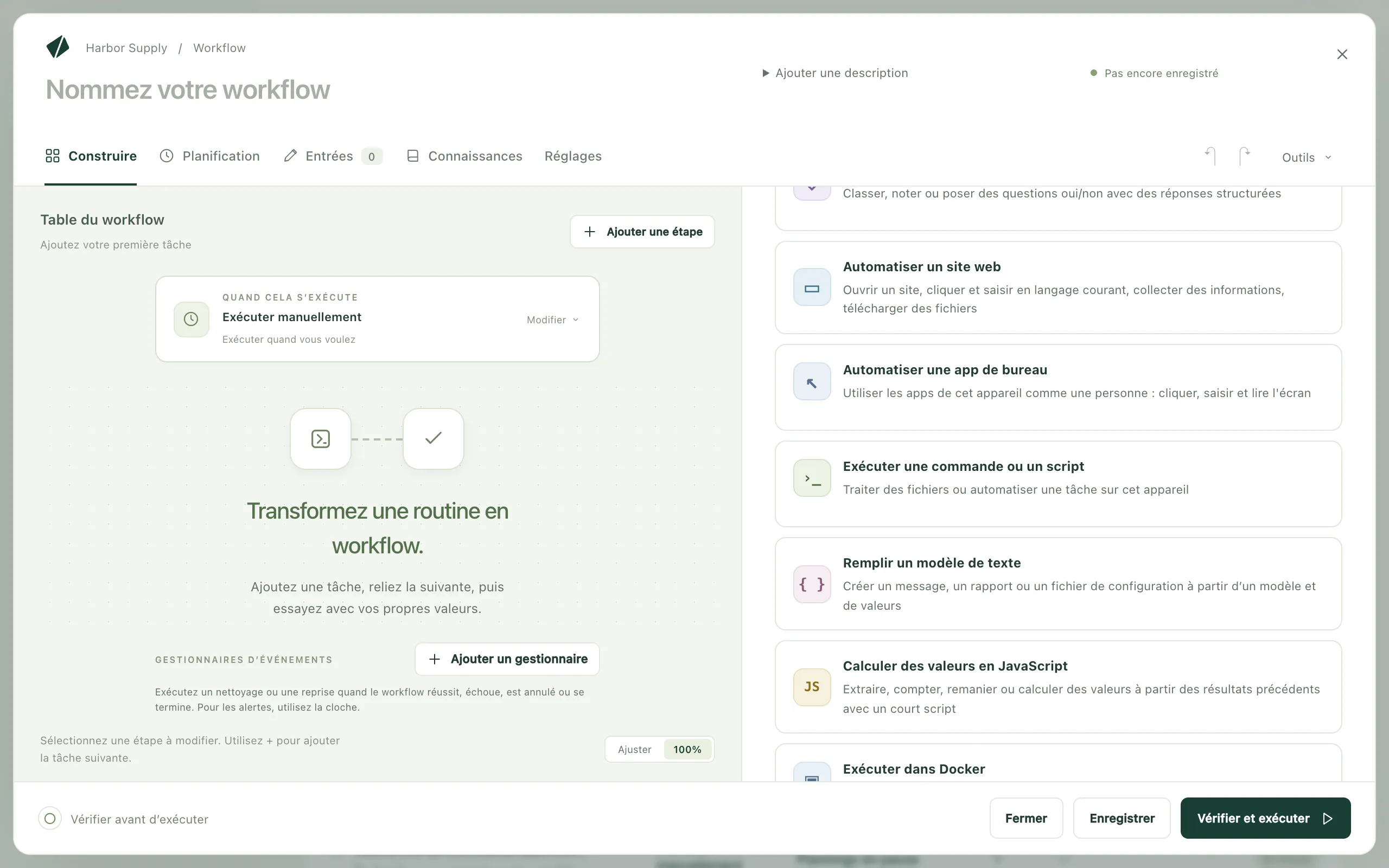 La liste de ce qu’une étape peut faire, avec Exécuter une commande ou un script parmi les choix