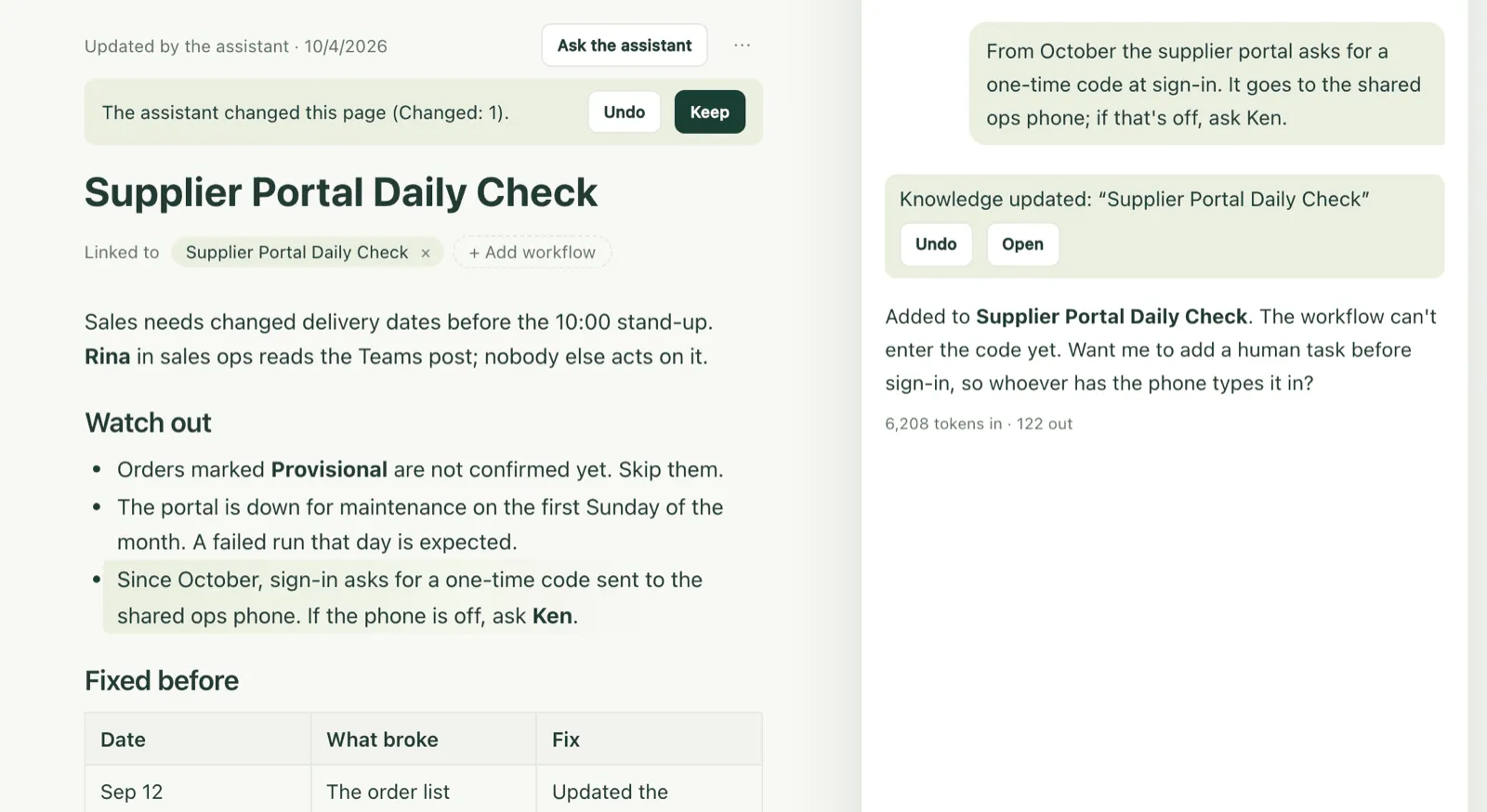 A page the assistant changed, with Undo and Keep above it, and its receipt in the assistant panel