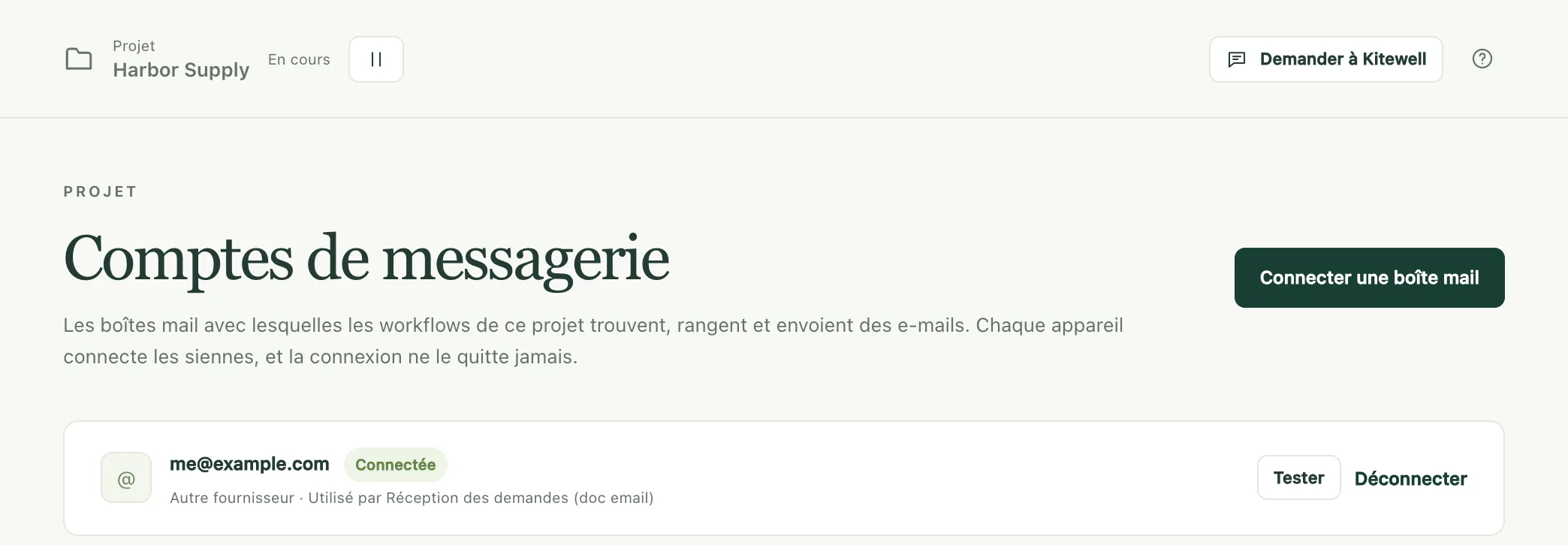 La page Comptes de messagerie, avec une boîte mail connectée