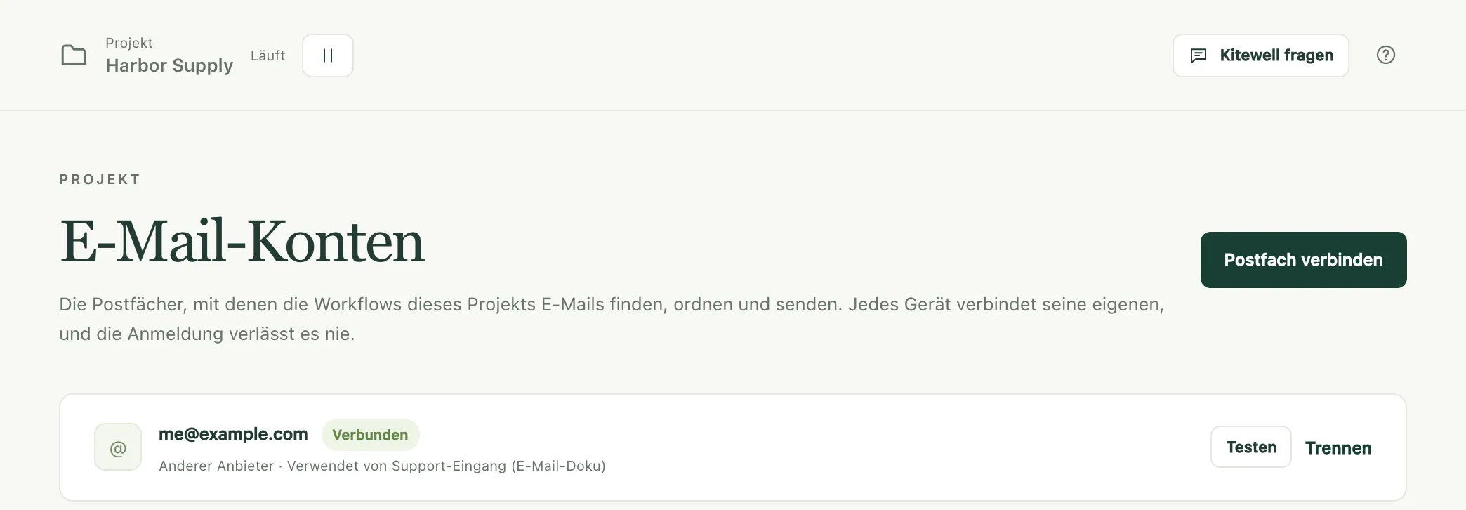 Die Seite „E-Mail-Konten“ mit einem verbundenen Postfach