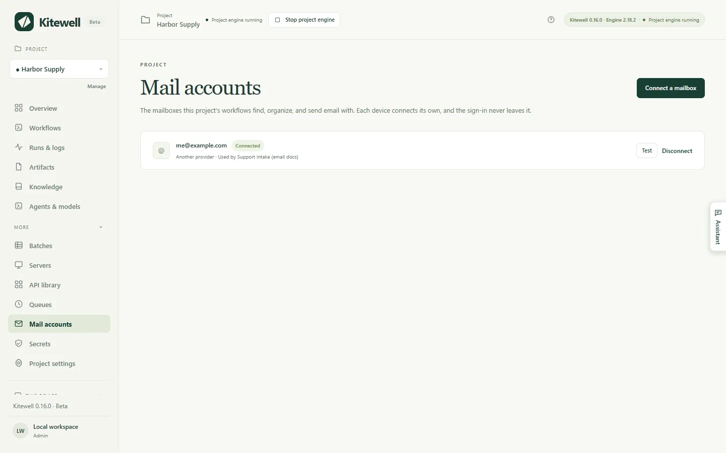 The Mail accounts page with one mailbox connected