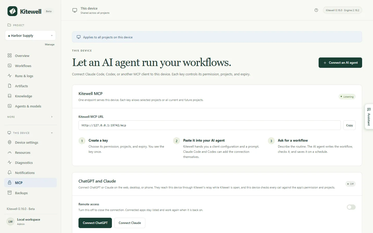Die MCP-Seite: Kitewell MCP lauscht, darunter die URL, mit der sich ein Client verbindet