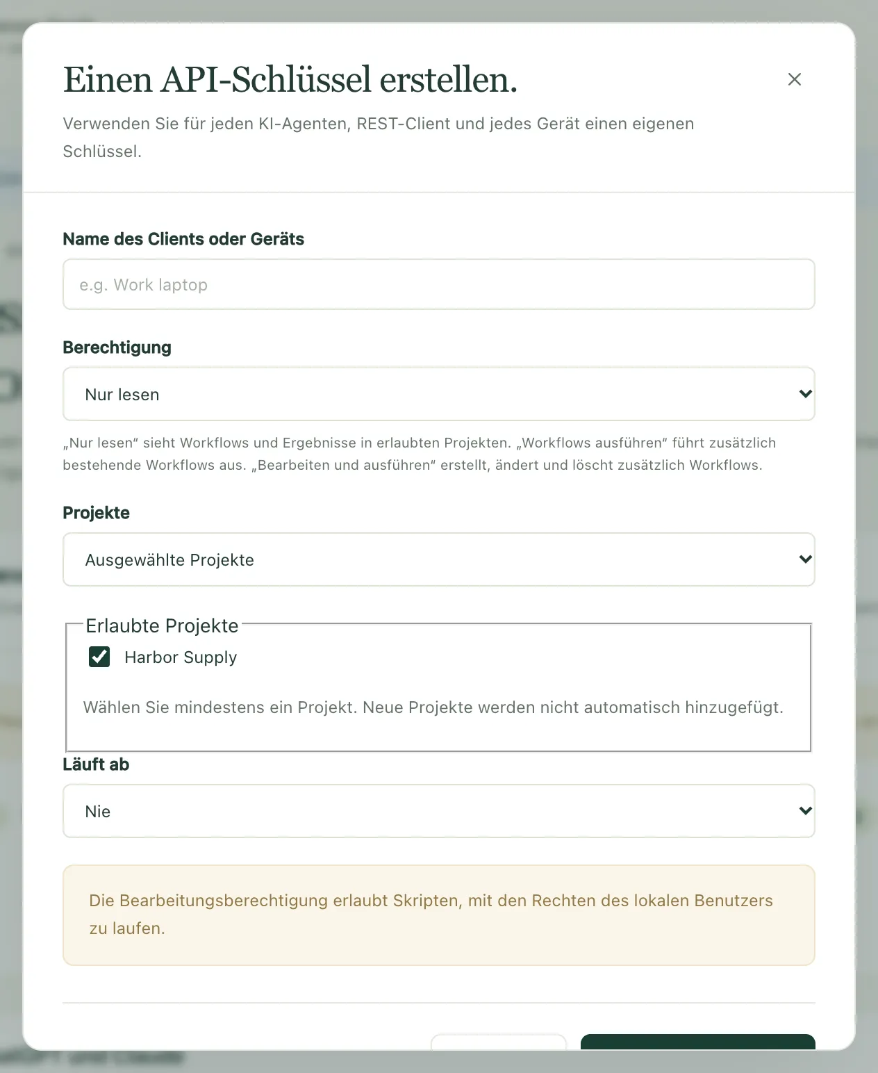 Der Dialog „Einen API-Schlüssel erstellen.“ mit den Optionen für Berechtigung, Projekte und Ablauf