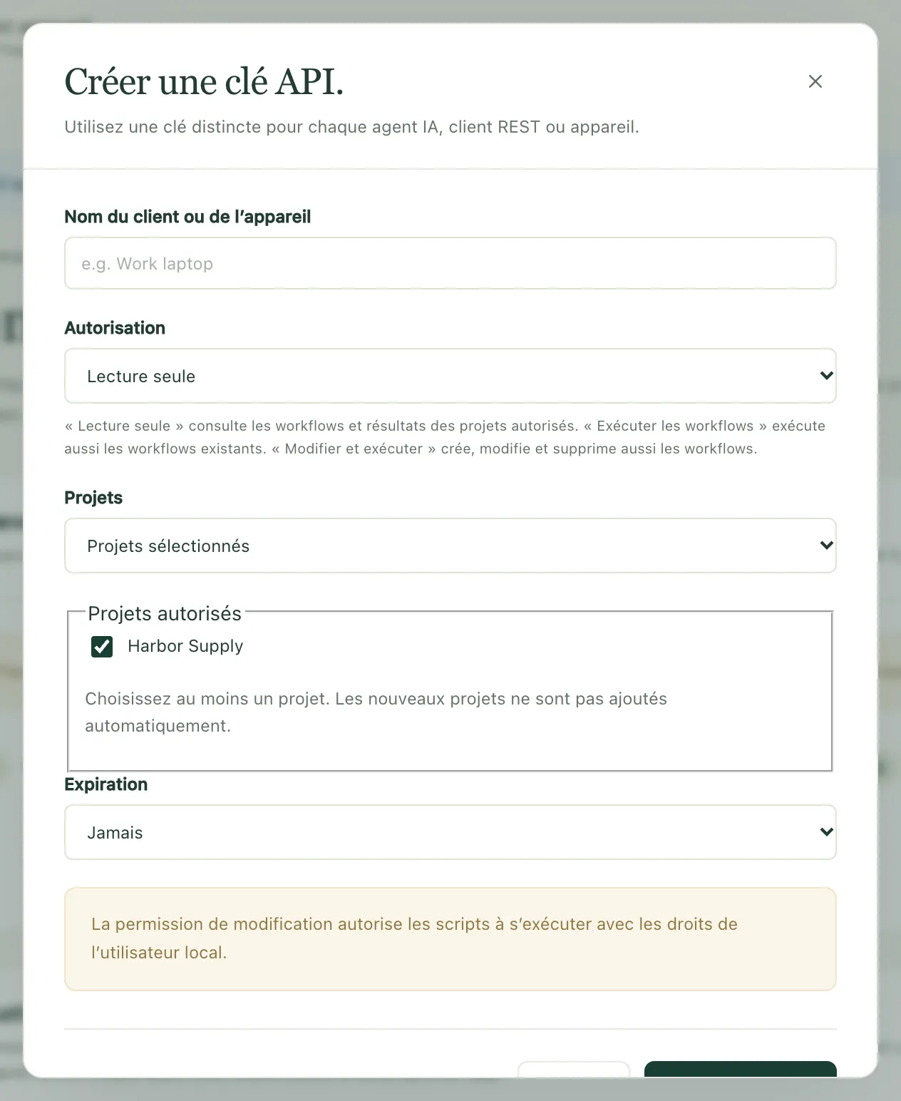 La boîte de dialogue « Créer une clé API », avec ses choix d’autorisation, de projets et d’expiration