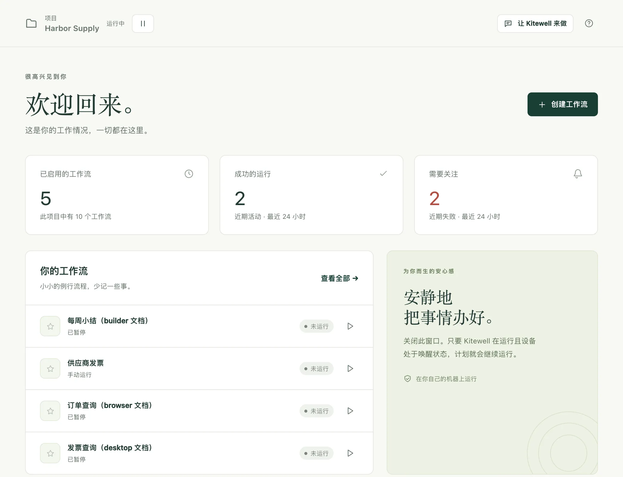 Harbor Supply 项目的 Kitewell 概览,显示其中的工作流以及最近一天的运行情况