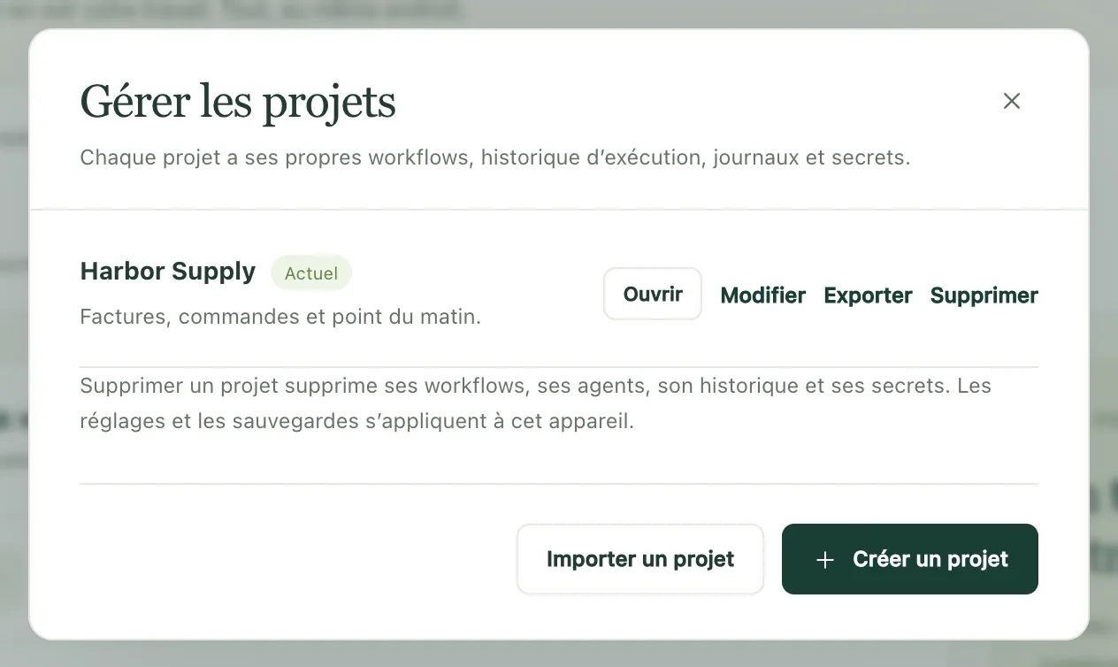 Gérer les projets, avec Exporter à côté du projet et Importer un projet en dessous