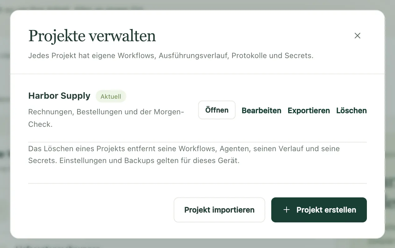 „Projekte verwalten“ mit „Exportieren“ neben dem Projekt und „Projekt importieren“ darunter