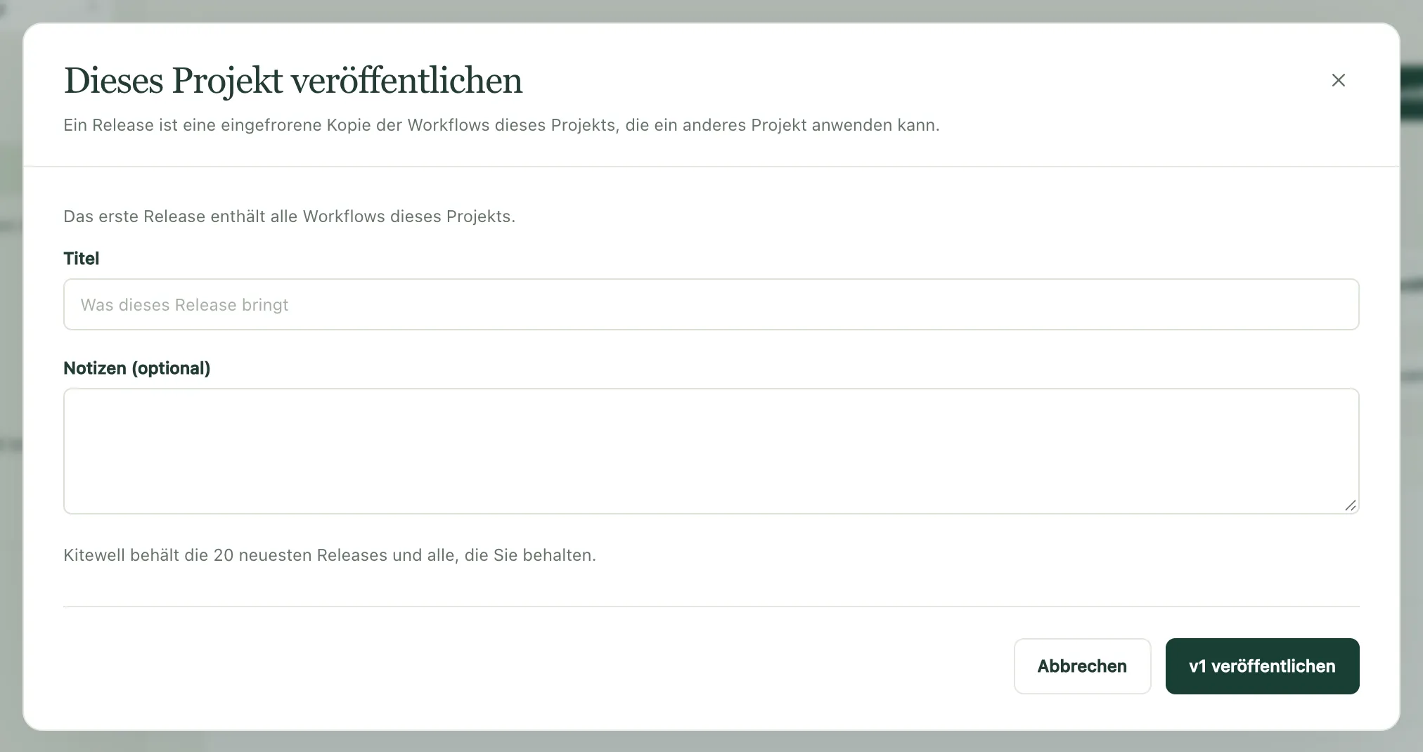 Der Dialog „Dieses Projekt veröffentlichen“ für ein erstes Release, mit Titel und Notizen