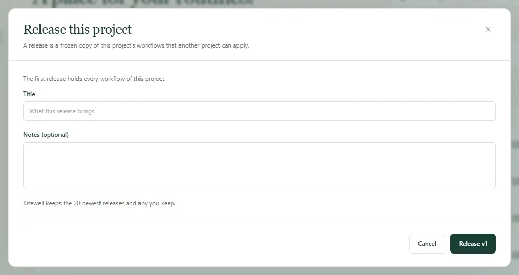 The Release this project dialog for a first release, with Title and Notes
