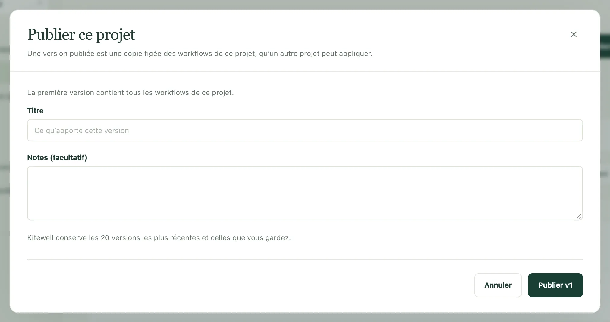 La boîte de dialogue Publier ce projet pour une première version, avec Titre et Notes