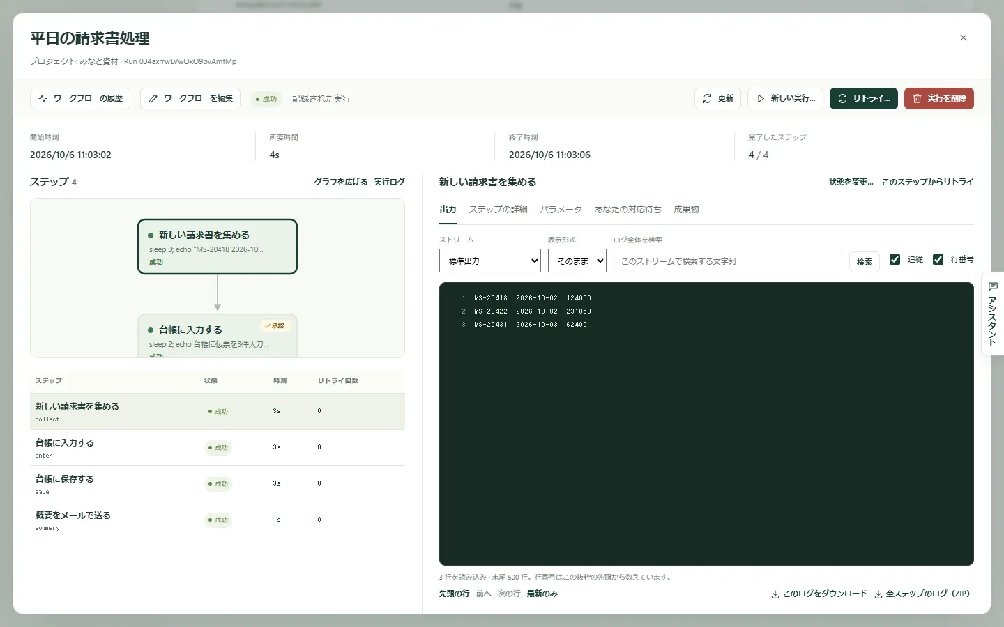 Kitewell で完了した請求書の実行。各ステップの状態と、選んだステップの出力