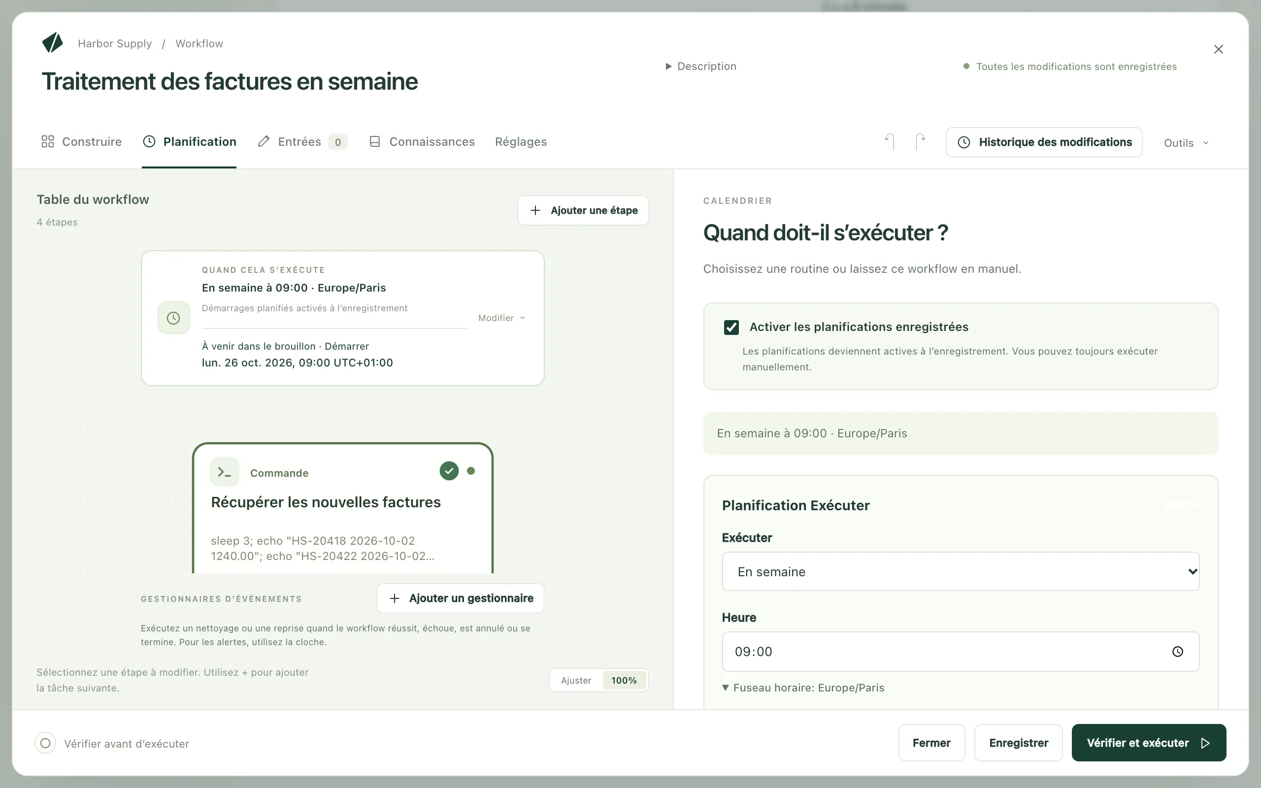 L’onglet Planification d’un workflow, avec l’interrupteur des planifications enregistrées, la planification en semaine et son heure