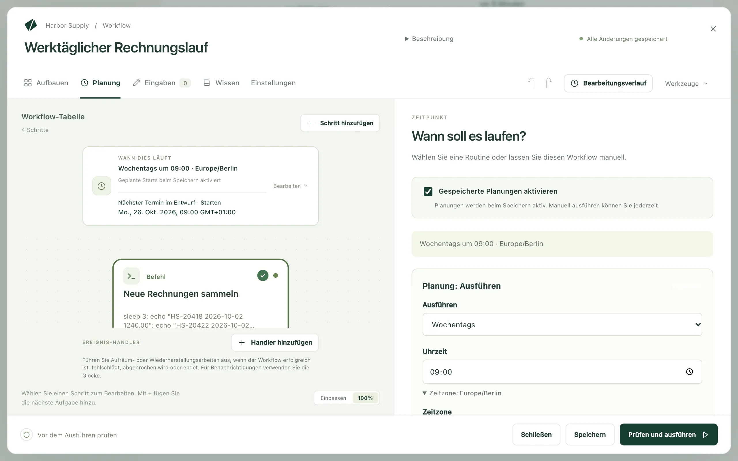 Der Reiter „Planung“ eines Workflows mit dem Schalter für gespeicherte Planungen, der werktäglichen Planung und ihrer Uhrzeit