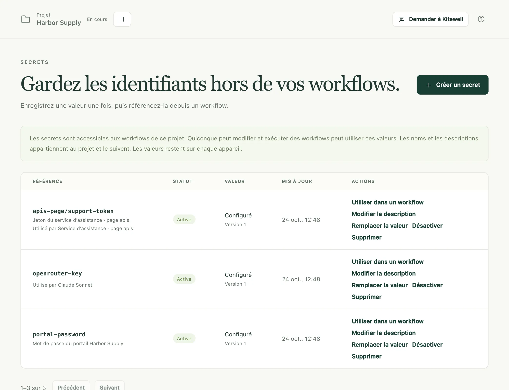 La page Secrets, qui liste trois secrets avec leurs descriptions, ce qui les utilise et leurs actions