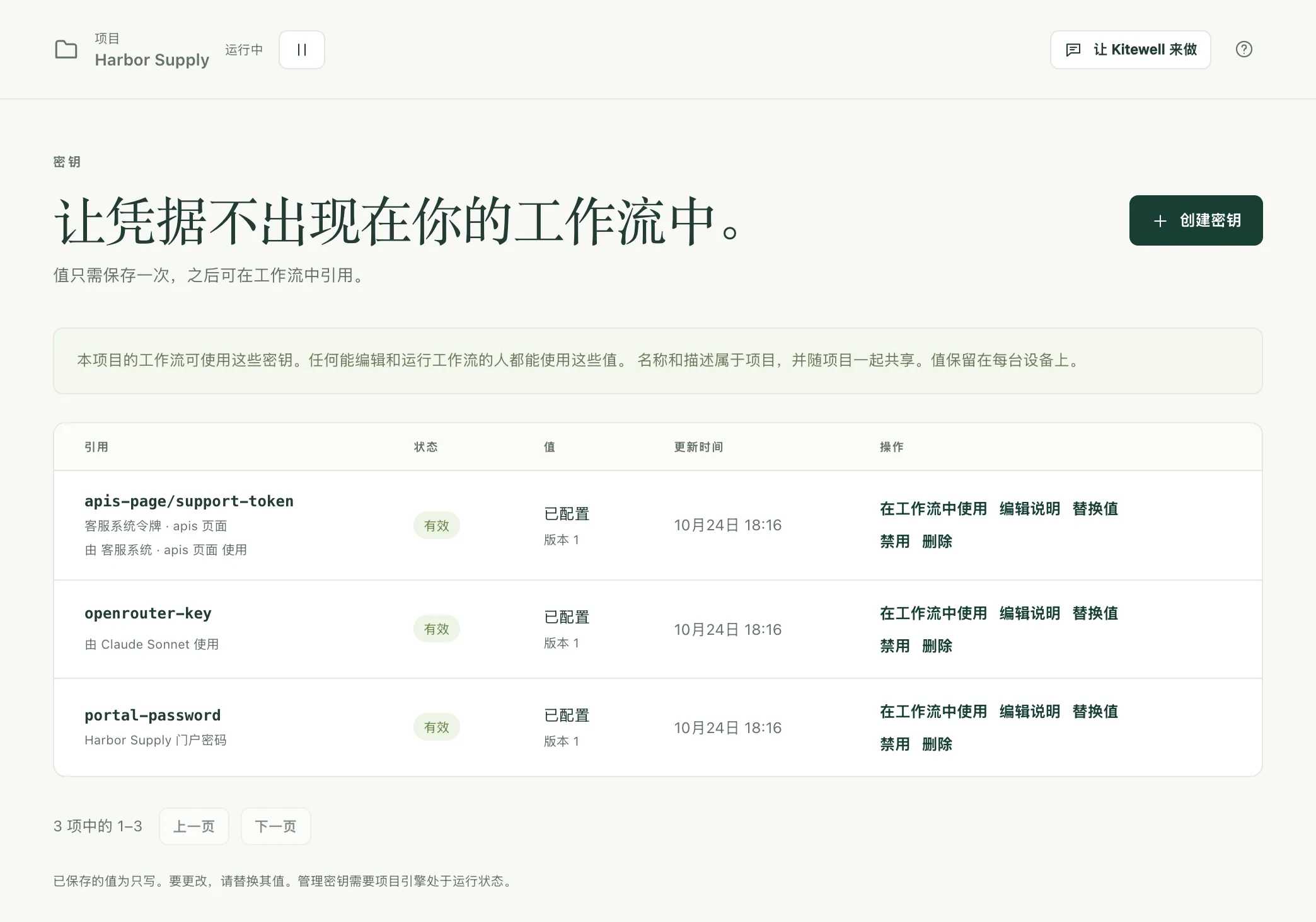 密钥页面列出了三个密钥,以及它们的说明、使用者和可执行的操作