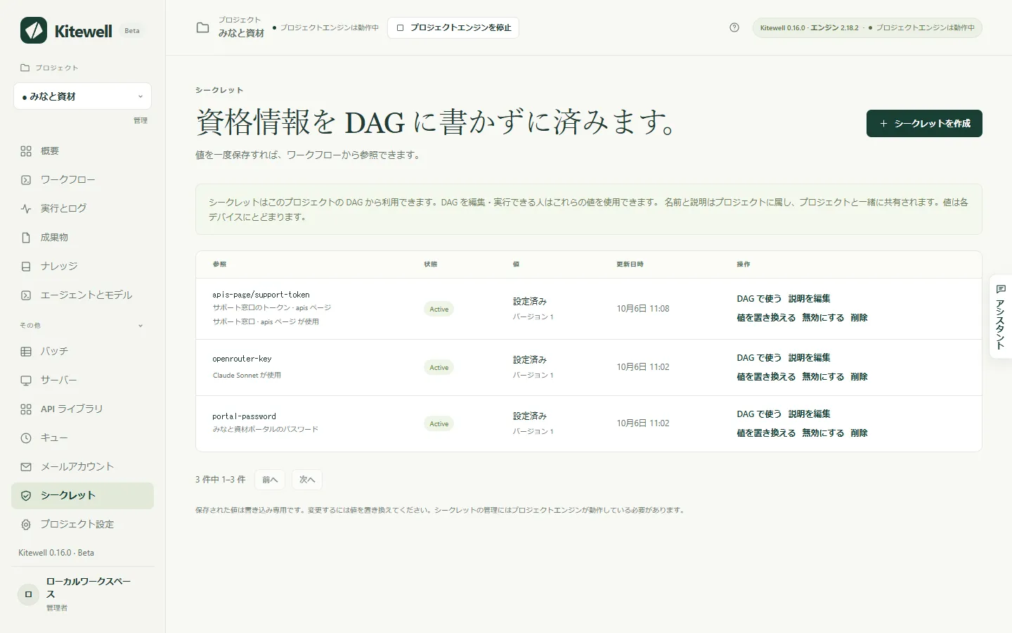 2 つのシークレットが、説明、使用元、操作とともに並んでいるシークレットのページ