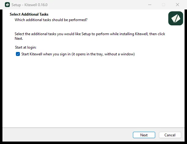 サインイン時に Kitewell を起動するかを尋ねる Windows のインストーラー