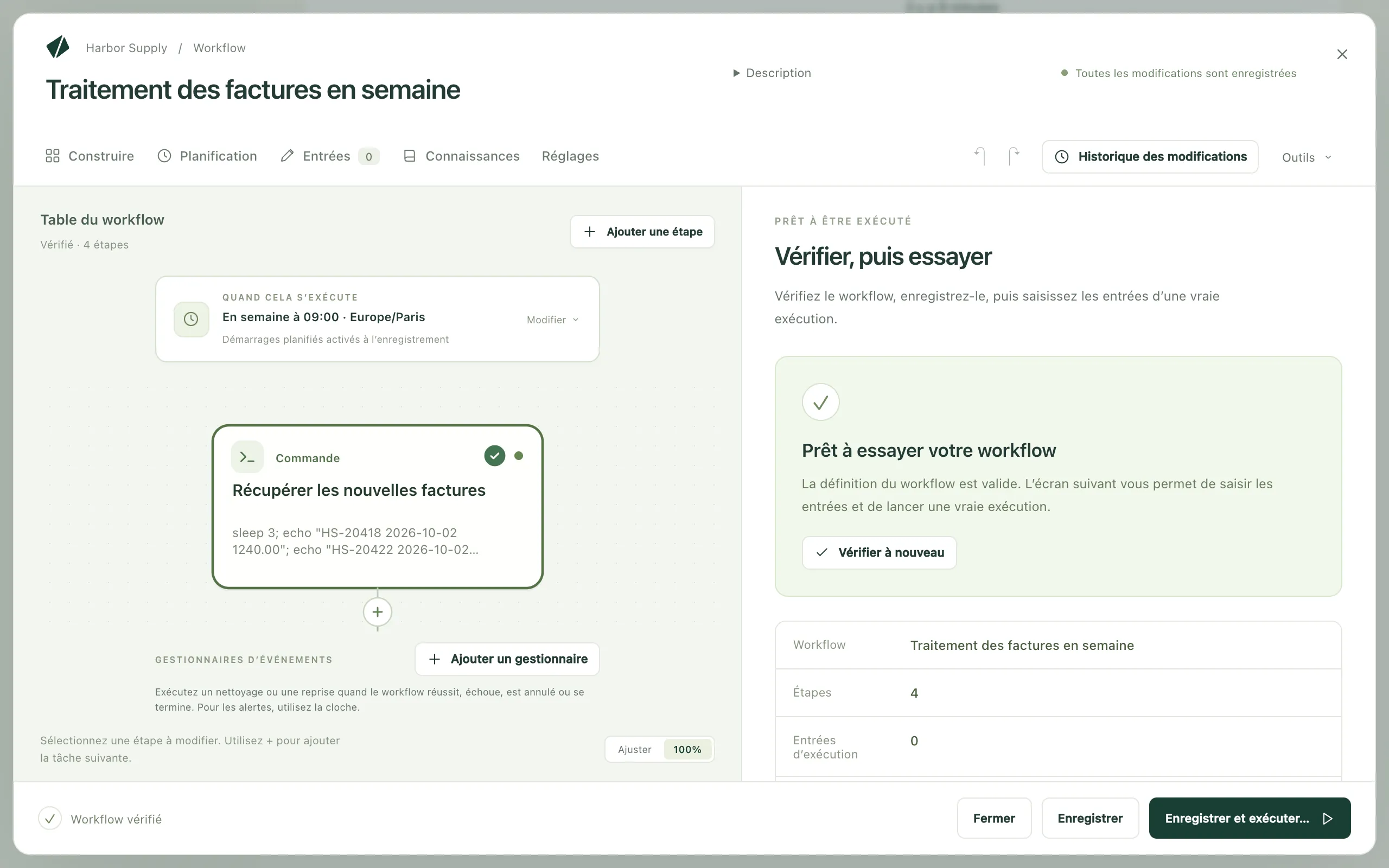 La vue Vérifier et exécuter, avec la vérification, les informations sur le workflow et sa planification