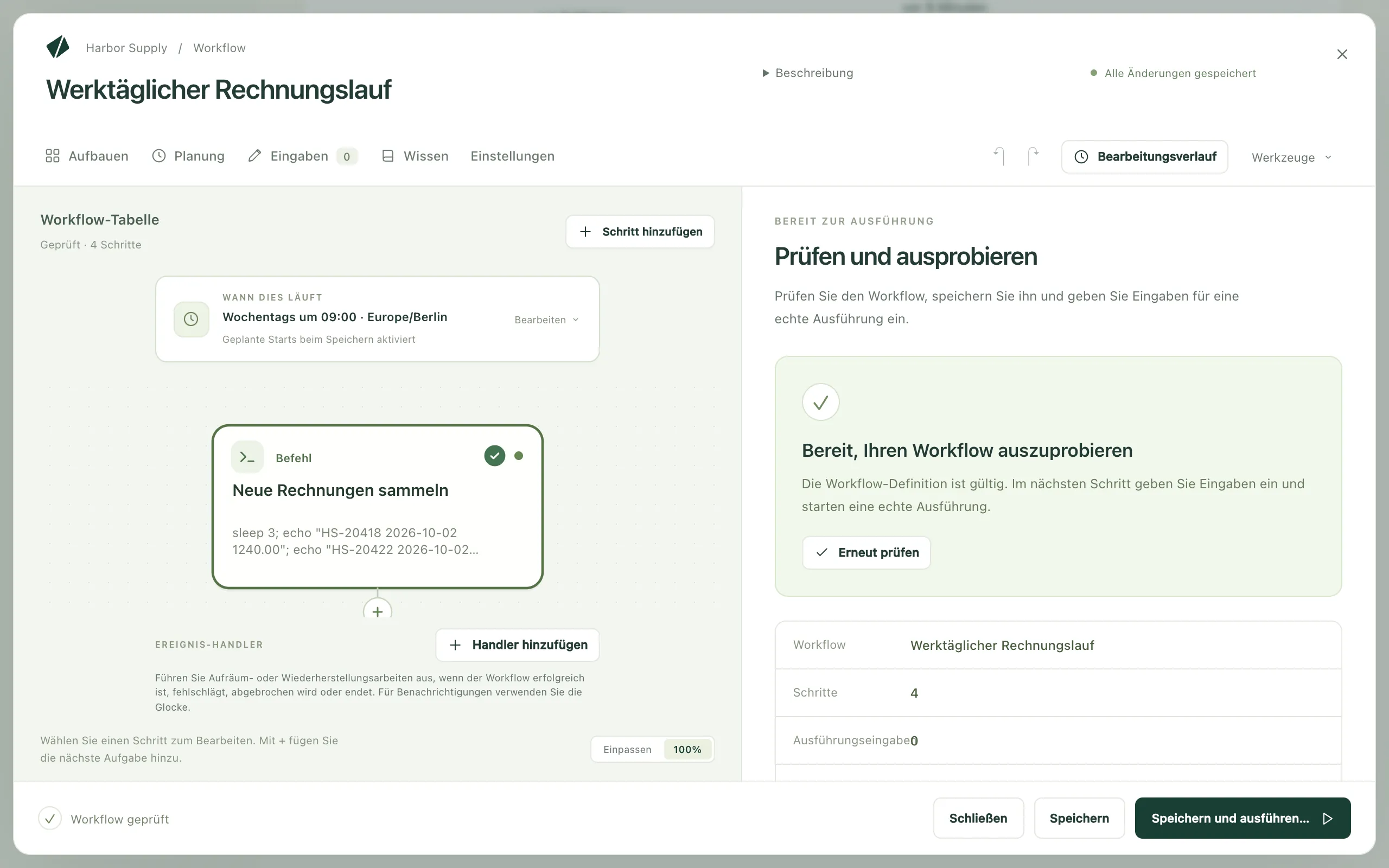 Die Ansicht „Prüfen und ausführen“ mit der Prüfung, den Eckdaten des Workflows und seiner Planung