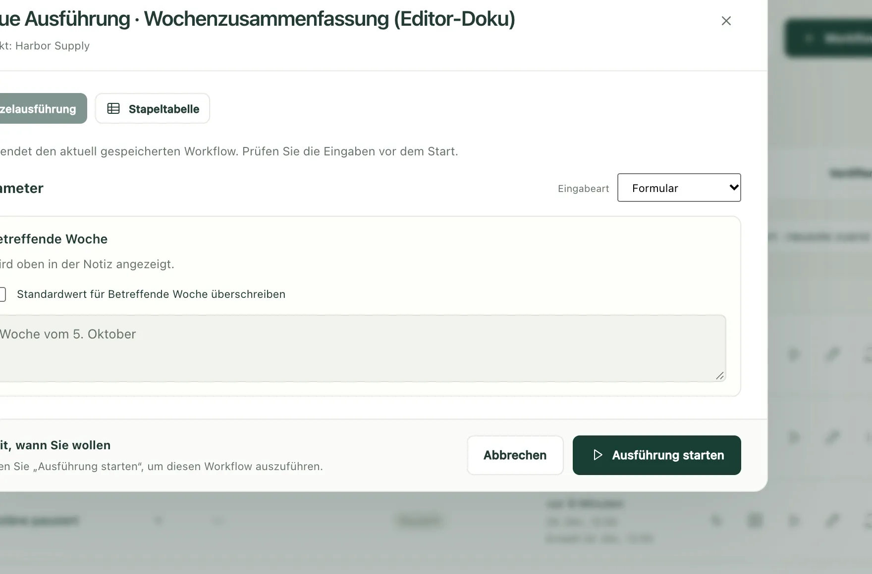 Das Ausführungsformular des Beispiel-Workflows mit seiner einzigen Eingabe und der Schaltfläche „Ausführung starten“