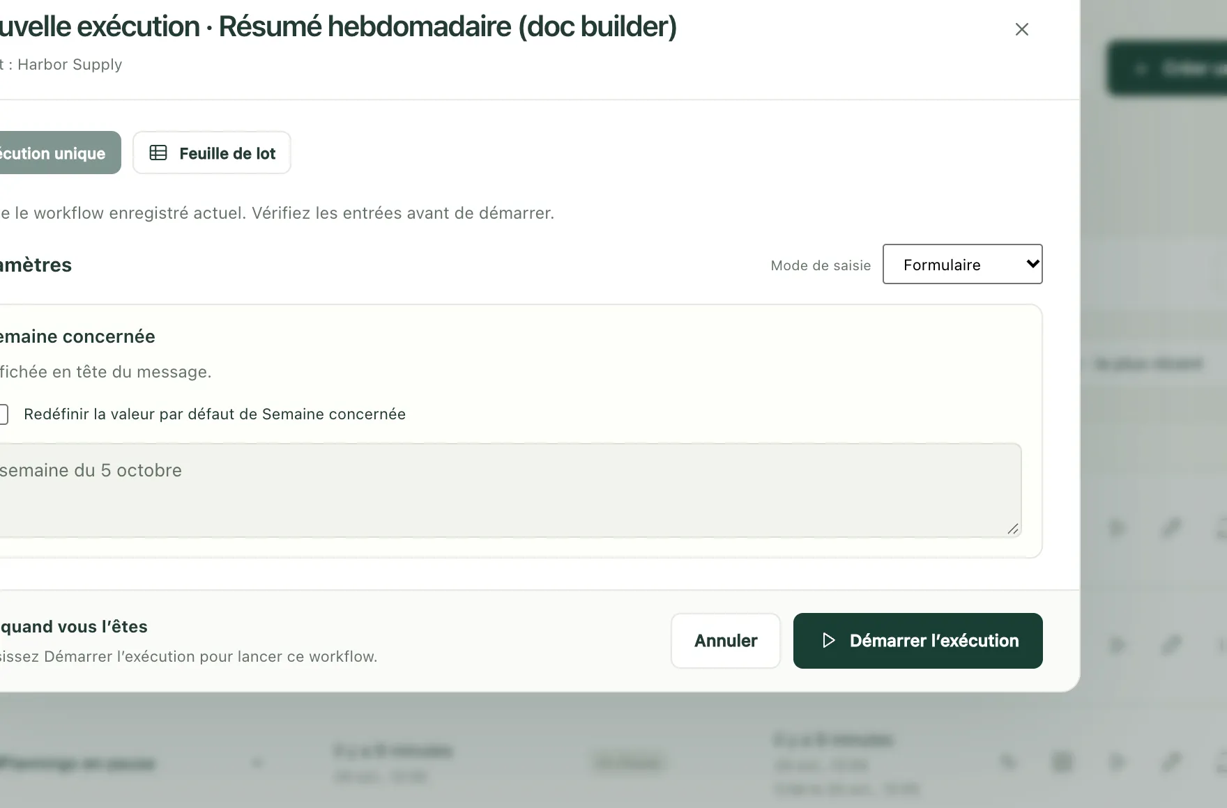 Le formulaire d’exécution du workflow d’exemple, avec sa seule entrée et le bouton Démarrer l’exécution