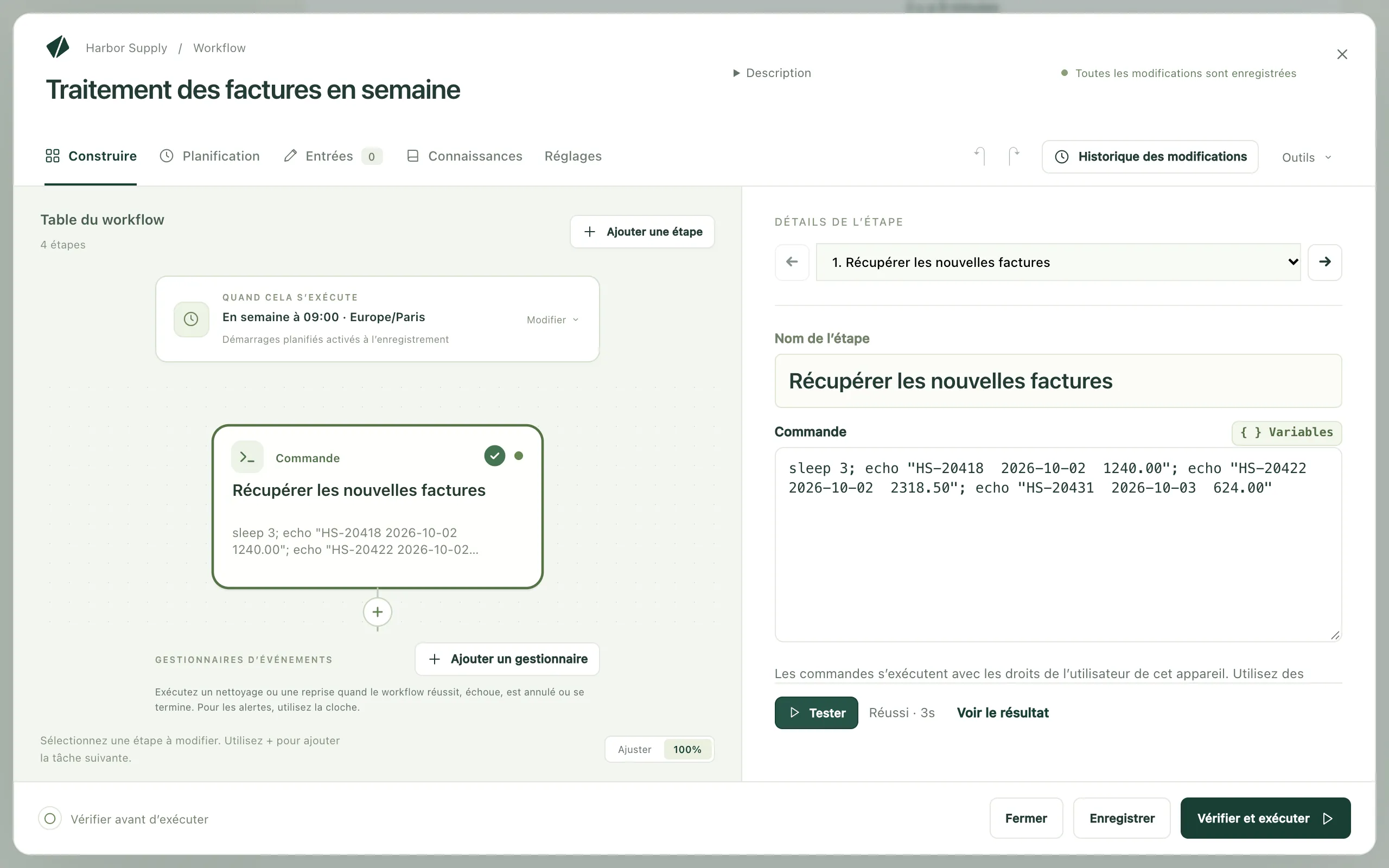 Une étape du workflow des factures sélectionnée dans l’éditeur, avec ses réglages et son test à côté du schéma