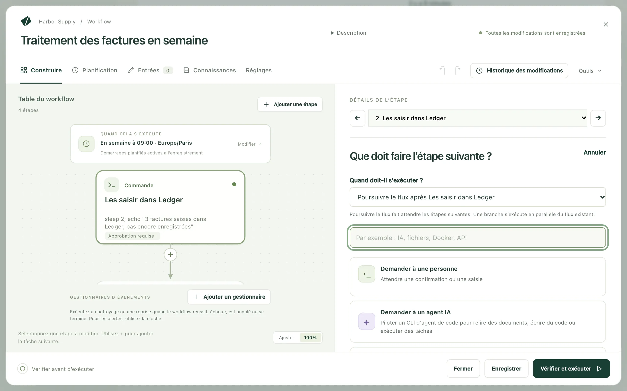 L’éditeur de workflow avec le sélecteur de tâches ouvert, qui demande ce que doit faire l’étape suivante