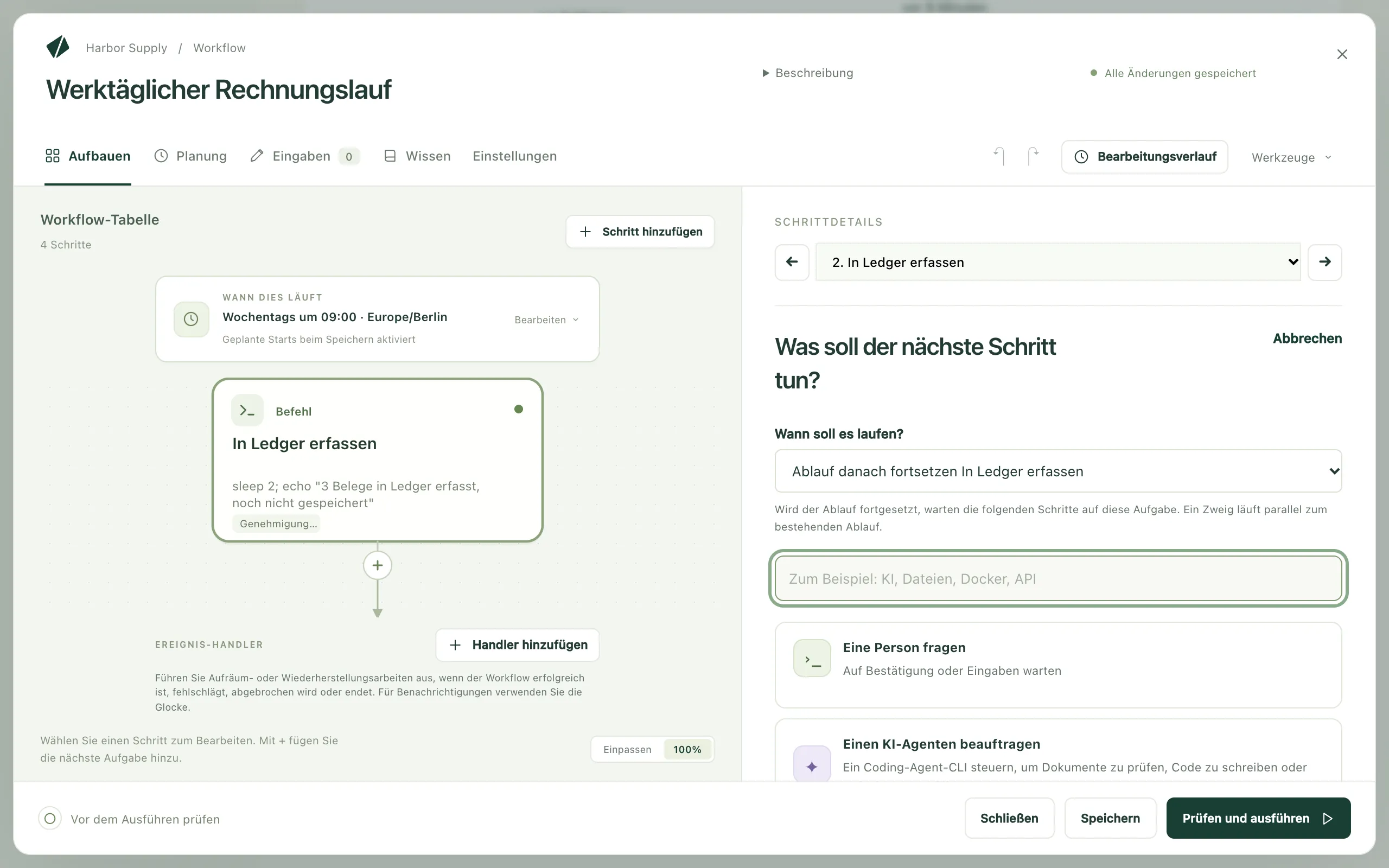 Der Workflow-Editor mit geöffneter Aufgabenauswahl, die fragt, was der nächste Schritt tun soll